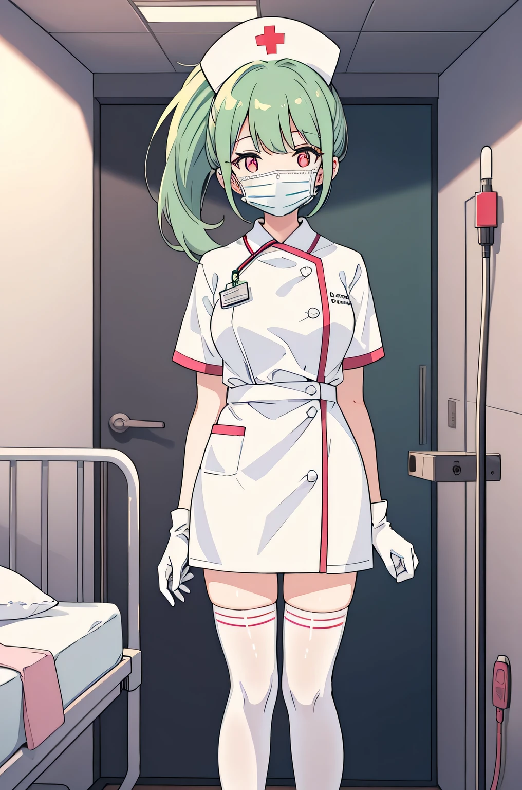 1 girl, alone, nurse, nurse cap, Whiteware, ((white legwear, zettai ryouiki)), white gloves, ponytail, green hair, pink eyes, ((White surgical mask, Covered nose)), Are standing, ((hospital room)), sharp outline, short sleeve, highest quality, masterpiece