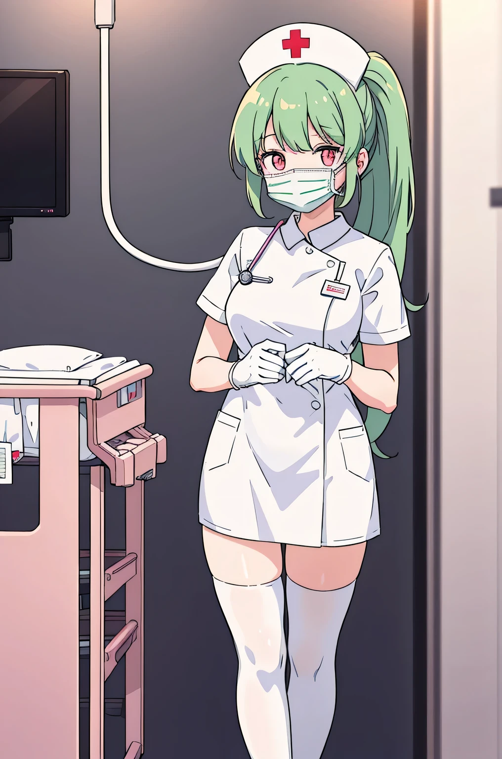 1 girl, alone, nurse, nurse cap, Whiteware, ((white legwear, zettai ryouiki)), white gloves, ponytail, green hair, pink eyes, ((White surgical mask, Covered nose)), Are standing, ((hospital room)), sharp outline, short sleeve, highest quality, masterpiece