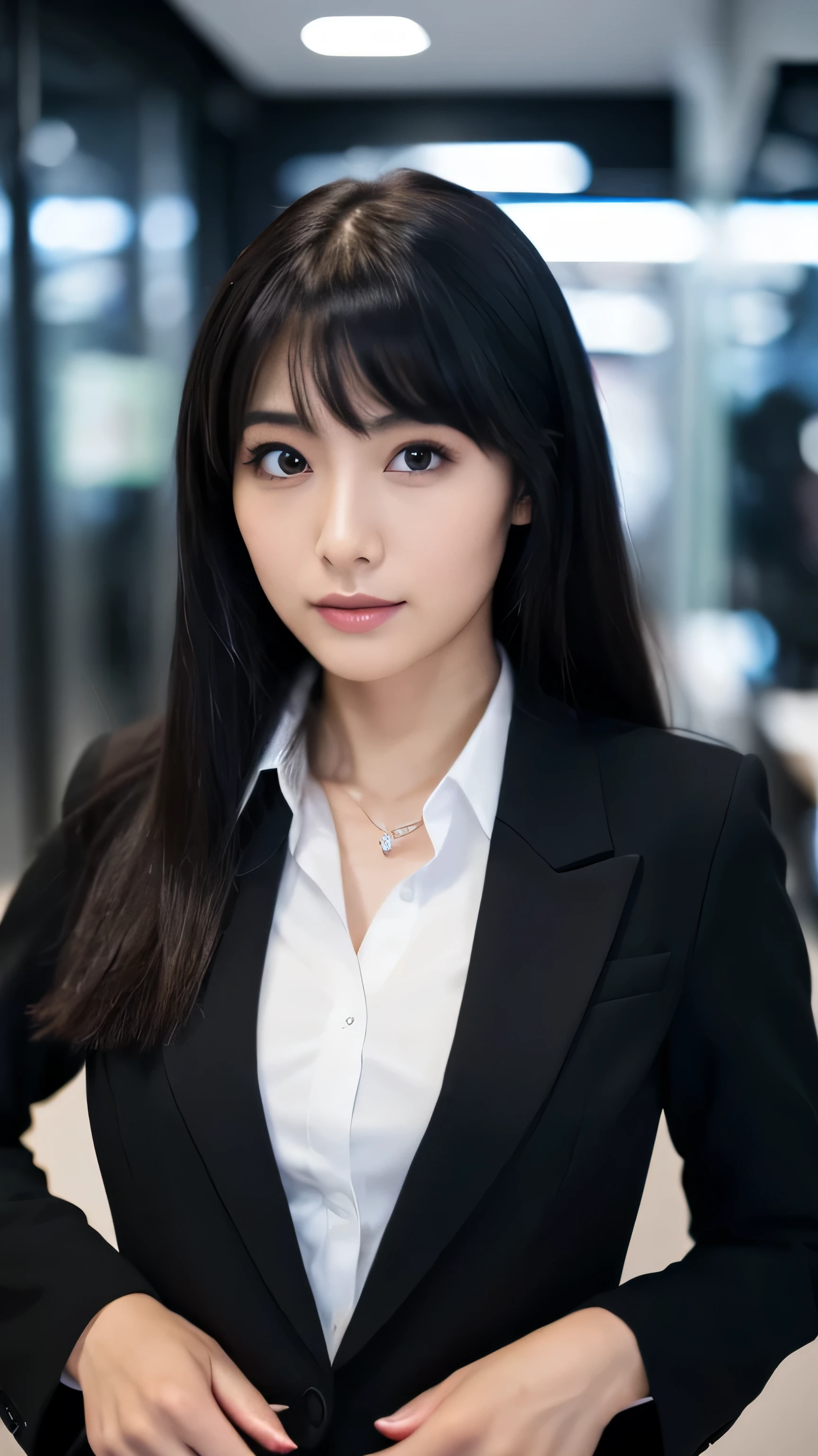 ((highest quality, 8K, 32K, masterpiece, UHD: 1.2)), 1 girl, beautiful japanese woman, thinウエスト , detailed face, black hair, medium long hair,droopy eyes, thin, show your whole body,((detailed fingertips)), one woman, alone, dark tone business suit,office background,26 years old