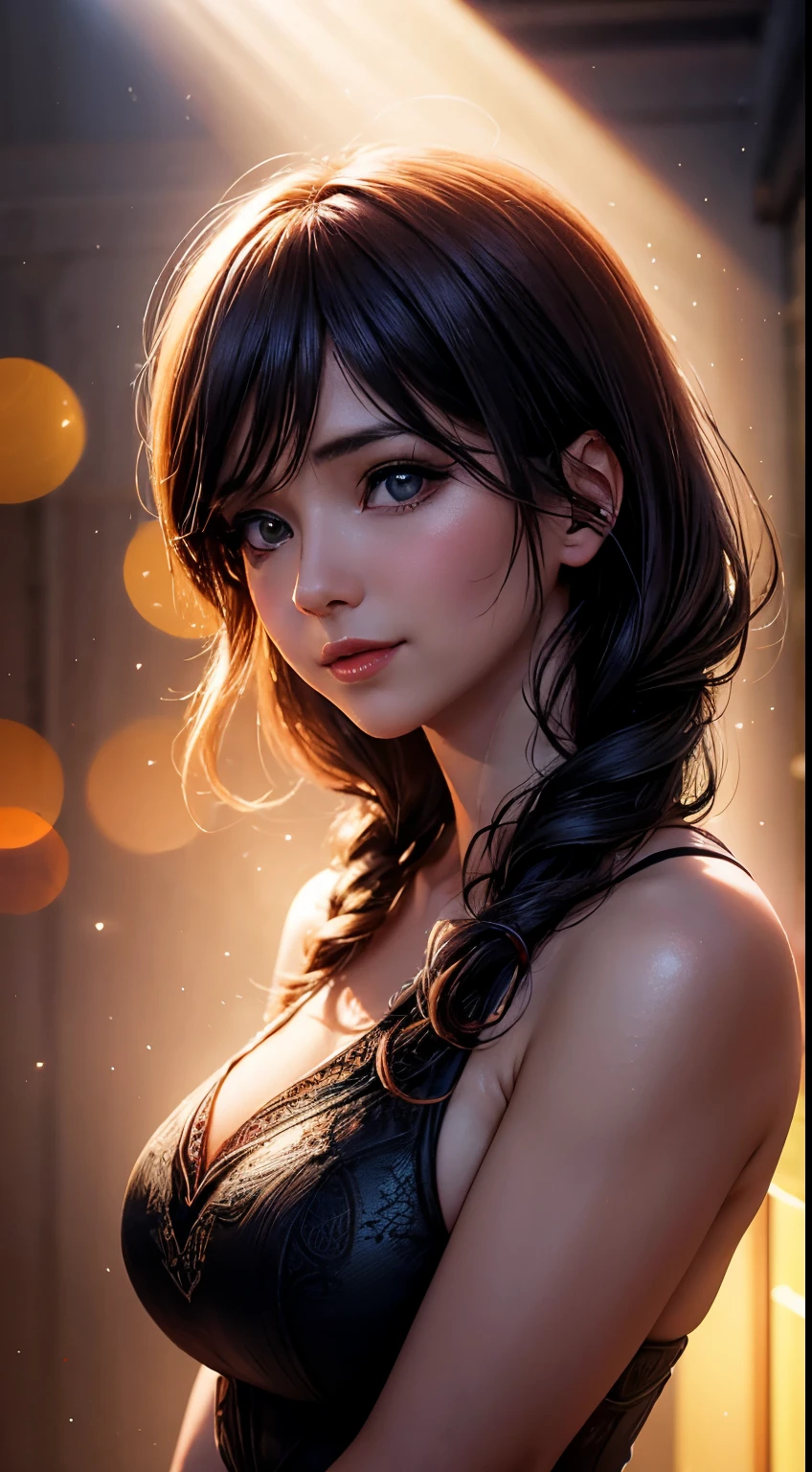 Woman, 30 years, seductive, excited, Surrealism, cinematic lighting, god rays, bokeh, UHD, masterpiece, super detail, high quality, close-up