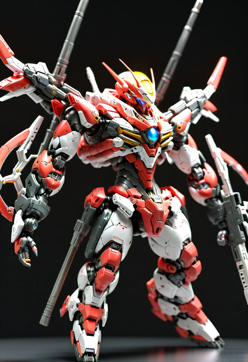 (远景:1.8), (全身照:1.5), A half-mechanical male warrior with cybernetic enhancements stands in a futuristic battlefield, aiming his rifle. His body is a complex assembly of intricate mechanical parts, cables, and gears, symbolizing the fusion of human and machine. The environment is a desolate, war-torn landscape, showcasing a stark contrast between the remnants of a once-civilized world and the advanced technology that now dominates. The warrior's posture is focused and determined, highlighting his readiness for combat. The details of his mechanical parts are meticulously designed, showing pistons, wires, and metal plates that interlock to create his formidable form. The scene is set during twilight, casting long shadows and creating a dramatic interplay of light and darkness, emphasizing the tension of the moment. This portrayal captures the essence of a futuristic warrior, blending elements of science fiction with a gritty realism, ，(眼睛正面看着观众:1.5)