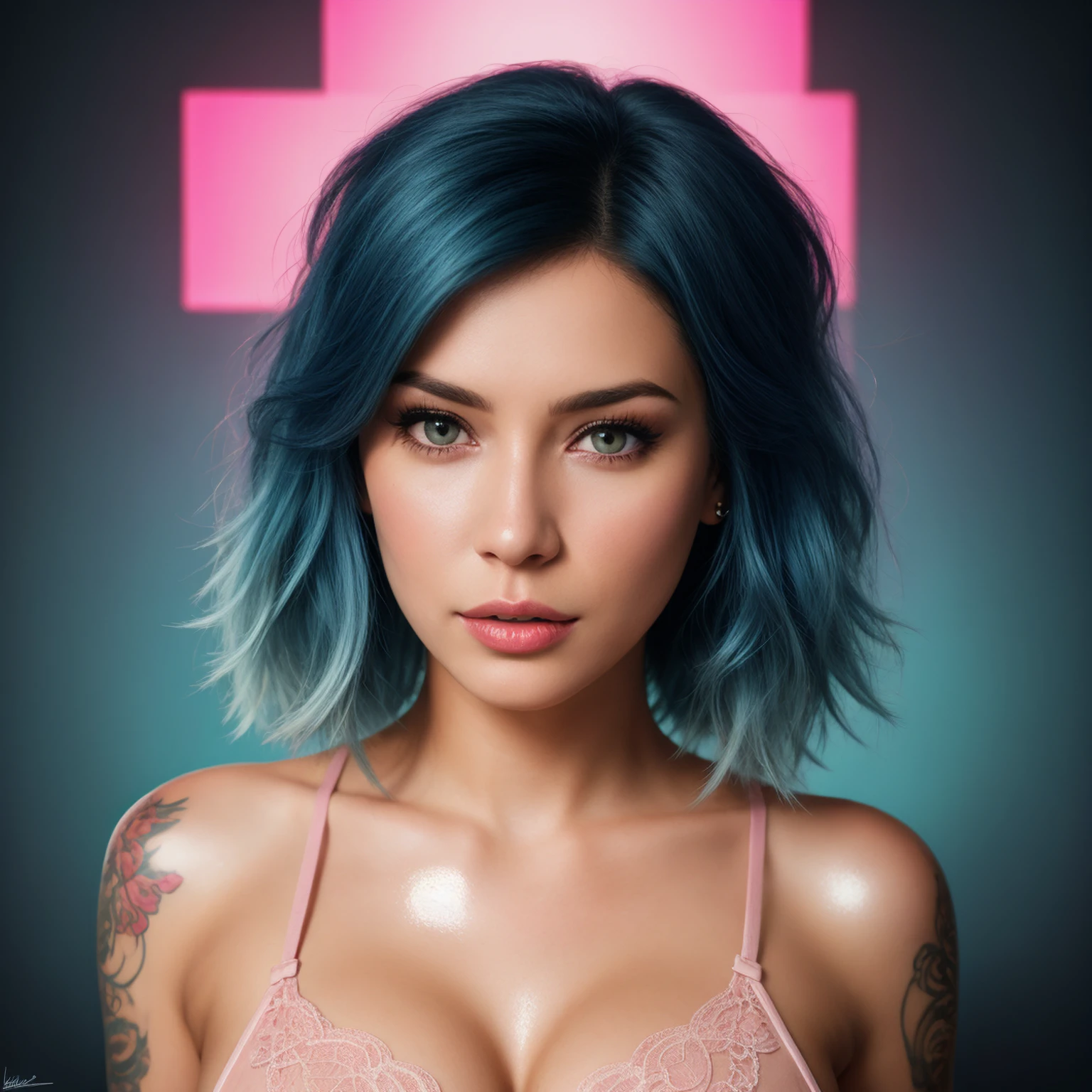 generate a portrait of Laurence Bedard with blue hair and pink eyes, (detailed beautiful eyes and detailed face, wearing lace underwear, masterpiece side light, masterpiece, best quality, detailed, high-resolution illustration), (1 girl, beautiful girl, shiny skin), (full body tattoos:1.0), (sky pink hair, blue colored eyes