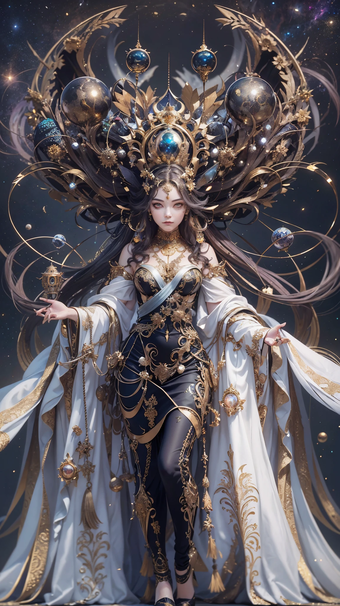 （best qualtiy，ultra - detailed，Most Best Illustration，Best shadow，tmasterpiece，A high resolution，professionalartwork，famousartwork），Detailed eyes，beautidful eyes，closeup cleavage，sci-fy，colored sclera，Robot eyes，face markings，Tattooed with，（fractalized，Fractal eyes），largeeyes，Wide eyes，（Eye focus），sface focus，Cosmic eyes，Space eyes，Close-up of metal sculpture of a woman with a moon in her hair，goddes。extremly high detail，3 d goddess portrait，Extremely detailed footage of the goddess，a stunning portrait of a goddess，Side image of the goddess，portrait of a beautiful goddess，Full body close-up portrait of the goddess，hecate goddess，portrait of a norse moon goddess，goddess of space and time