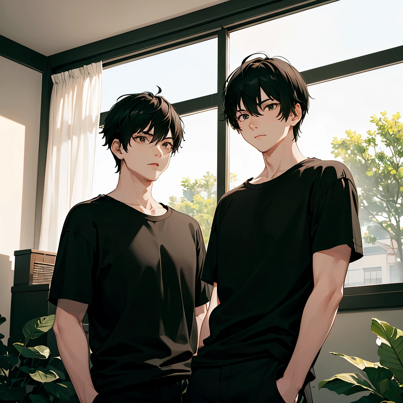 An anime boy with black hair that covers his eyes, with a black shirt and pants