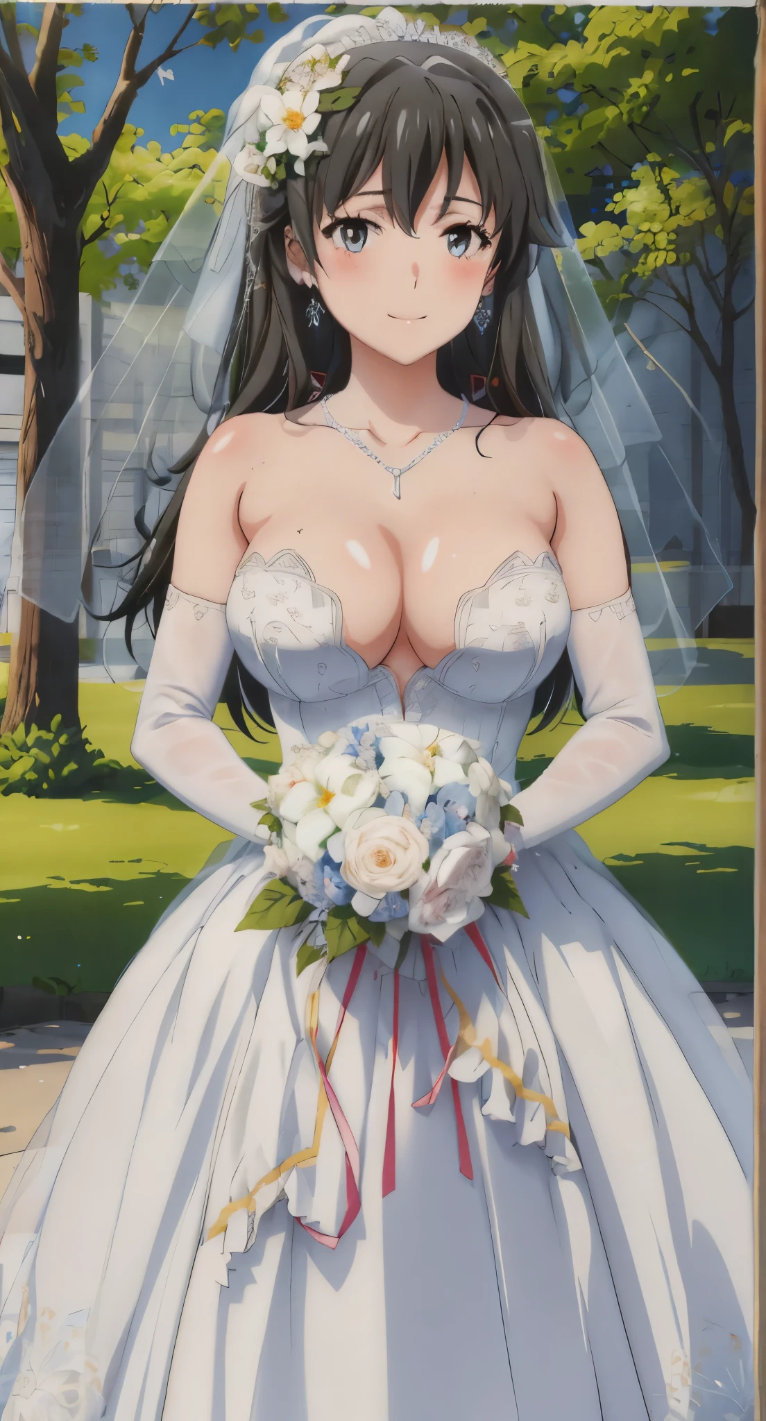 1 girl,alone,Yukino under the snow,Uniforms,Smile,looking at the audience,(((Pixel perfect, Perfect details))), alone, 1 girl, Shibuya Kanon,
1 girl, 20 years old,young women,Close-up of beautiful bride wearing beautiful bridal dress,Guwitz,(Transparent short veil:1.5),Blushed,Head flower,headgear,(bandeau wedding dress:1.5),(Silk dress:1.2),(Strapless wedding dress:1.5),pure white dress,necklace,earrings,(large breasts:1.3),Deep V peach heart collar wedding dress,through bangs,lipstick,(elbowgloves:1.3),