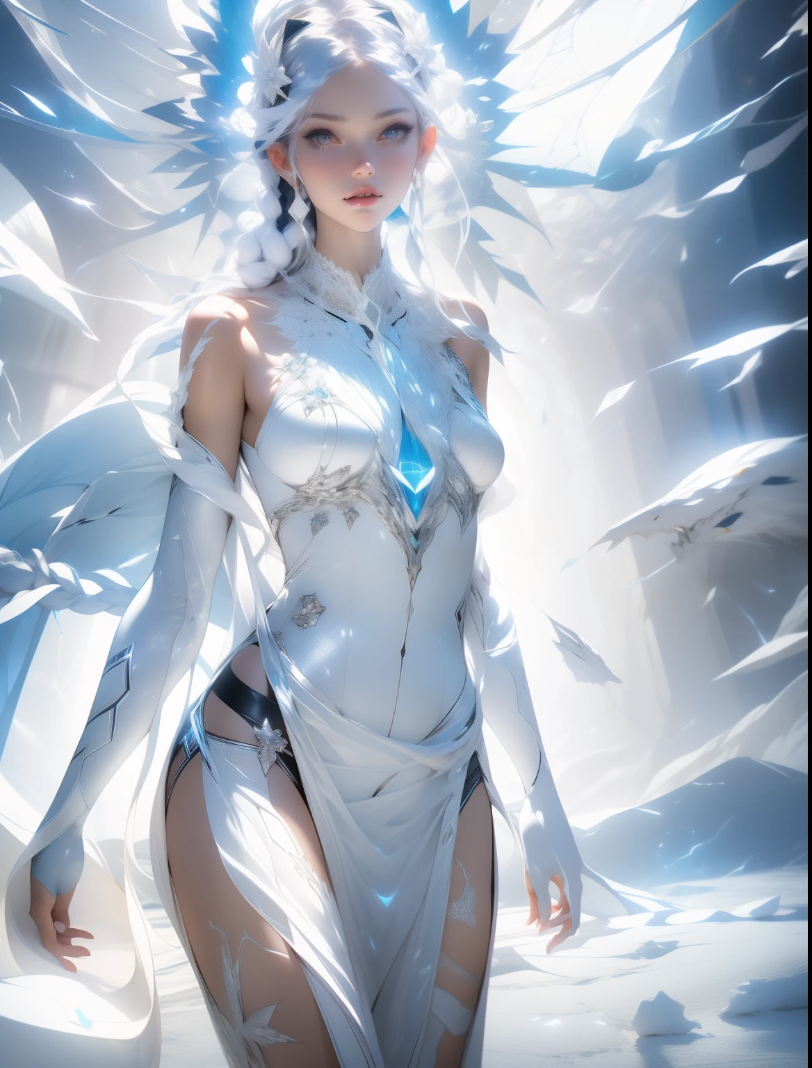 absurdres , highres, ultra detailed, (1girl:1.3), full body portrait, Gray halo, starry sky, divine, solarization, inverted tones, experimental photography, surreal contrast, striking visuals, artistic abstraction, layered silhouettes, intricate patterns, delicate craftsmanship, shadow play, depth and dimension, creative expression, ice art, frozen sculptures, translucent forms, ephemeral beauty, crystalline textures, delicate craftsmanship, chilling allure, icy mountains background, (bent knees), no panties