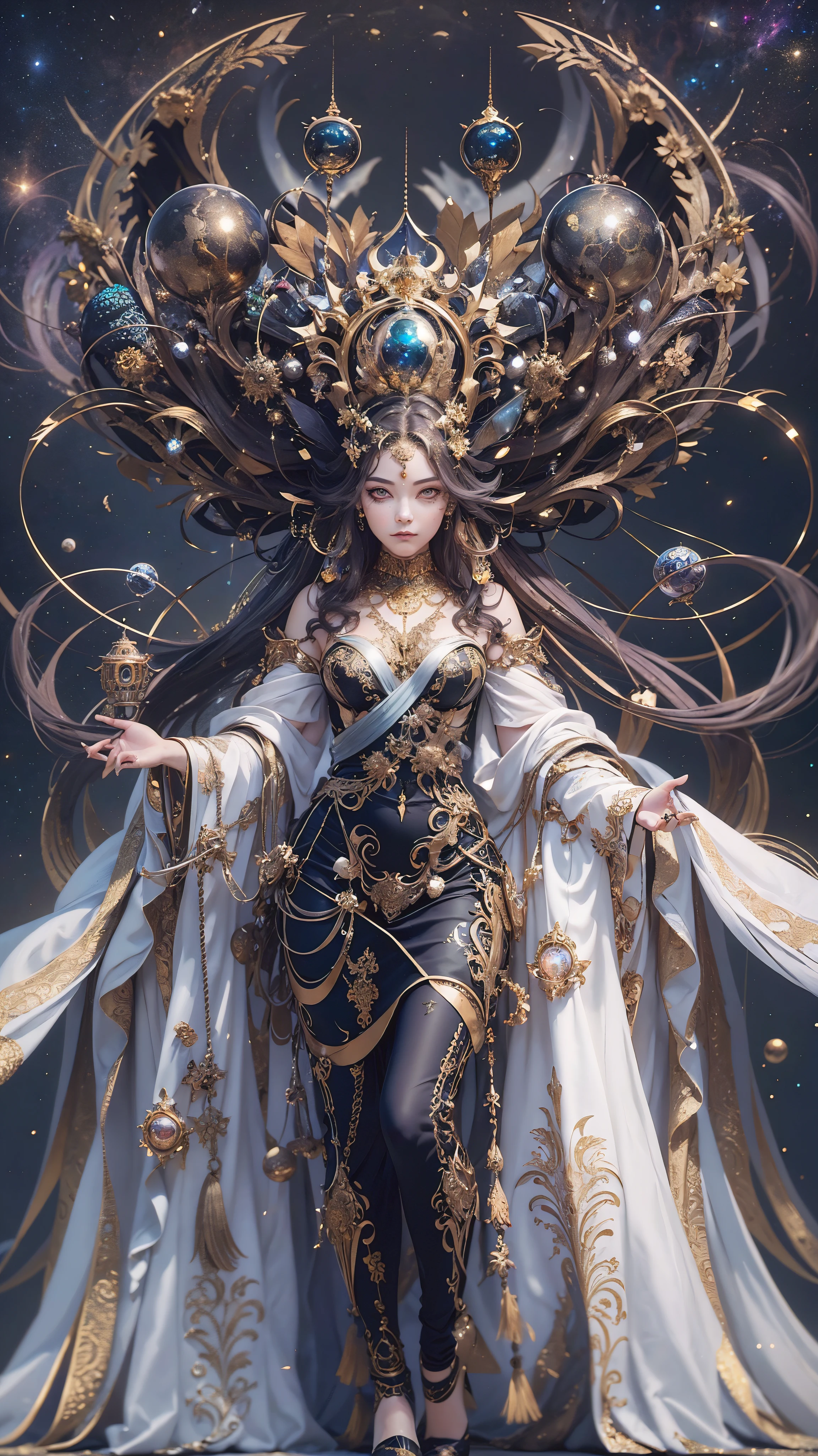 (best qualtiy,ultra - detailed,Most Best Illustration,Best shadow,tmasterpiece,A high resolution,professionalartwork,famousartwork),Detailed eyes,beautidful eyes,closeup cleavage,sci-fy,colored sclera,Robot eyes,face markings,Tattooed with,(fractalized,Fractal eyes),largeeyes,Wide eyes,(Eye focus),sface focus,Cosmic eyes,Space eyes,Close-up of metal sculpture of a woman with a moon in her hair,goddes。extremly high detail,3 d goddess portrait,Extremely detailed footage of the goddess,a stunning portrait of a goddess,Side image of the goddess,portrait of a beautiful goddess,Full body close-up portrait of the goddess,hecate goddess,portrait of a norse moon goddess,goddess of space and time