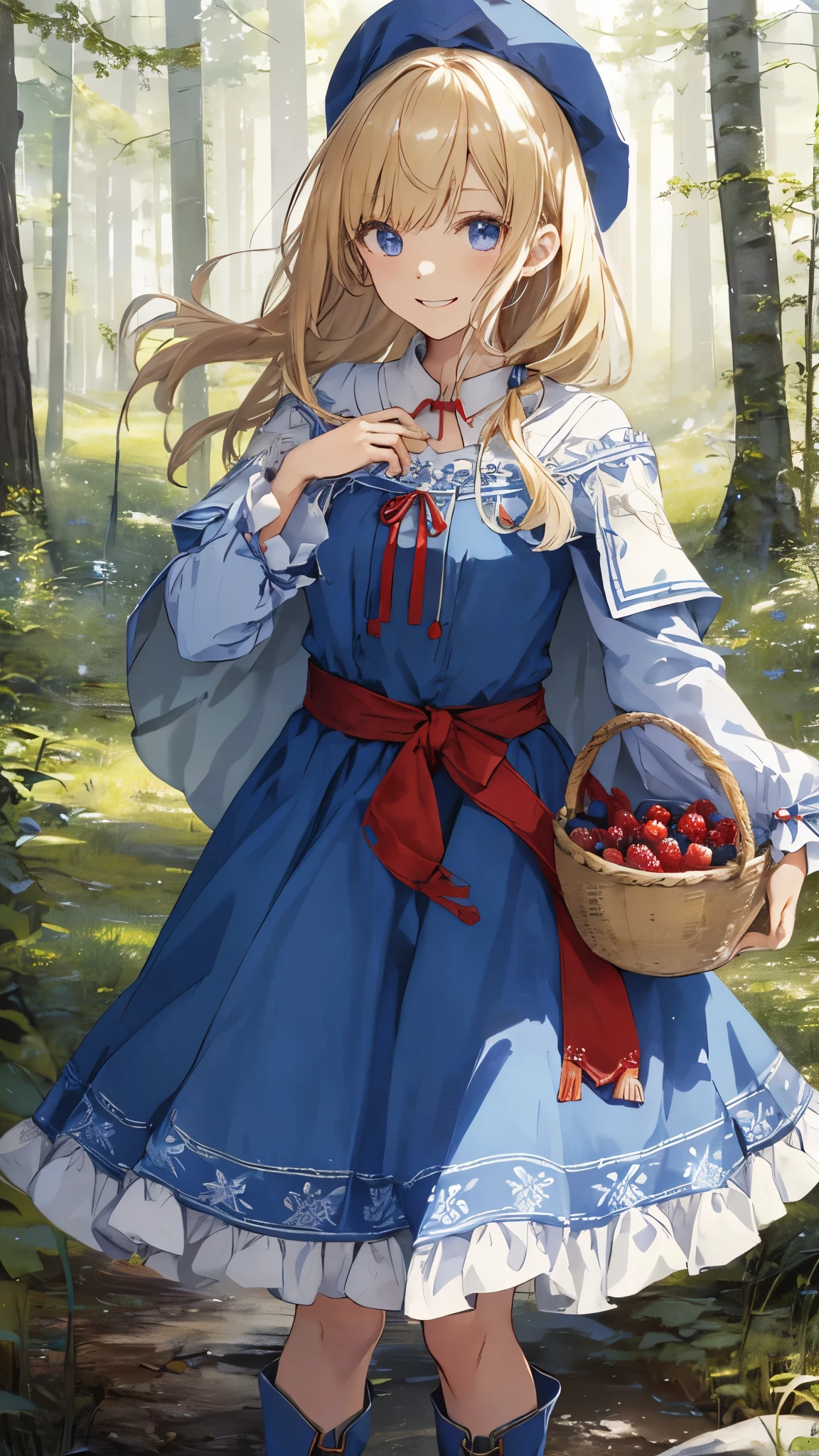 Finnish national costume Kansalis puku(Blue dress、belt、boots made of brushed material。Dress hem and sleeves、collar、The chest is decorated with embroidered tape based on red.、There is a ruffle at the hem。Wear a cape with a long fringe。)is wearing、white woman、blonde hair、smile、happy look、holding a basket of berries in both hands。daytime、Forest Road Background