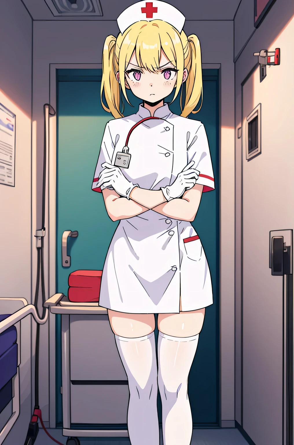 1 girl, alone, nurse, nurse cap, Whiteware, ((white legwear, zettai ryouiki)), white gloves, twin tails, yellow hair, purple eyes, anger, crossed arms, Are standing, ((hospital room)), sharp outline, short sleeve, highest quality, masterpiece