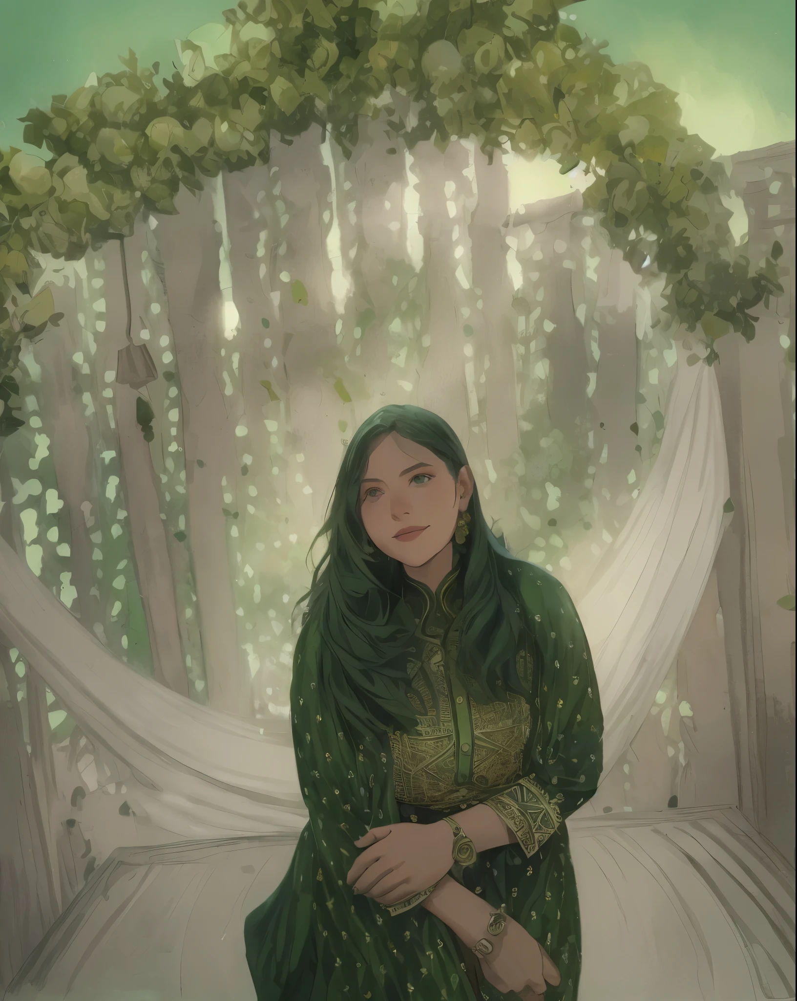 In a green meadow stands a girl leading a group of knights.
BREAK
With a brave expression, she guides them towards their destination.
BREAK
Behind her, a green forest stretches out and beyond that, mountains rise in the distance.
BREAK
The most suitable effect for this scene would be a watercolor painting technique to capture the softness of the meadow and the fluidity of the movement.