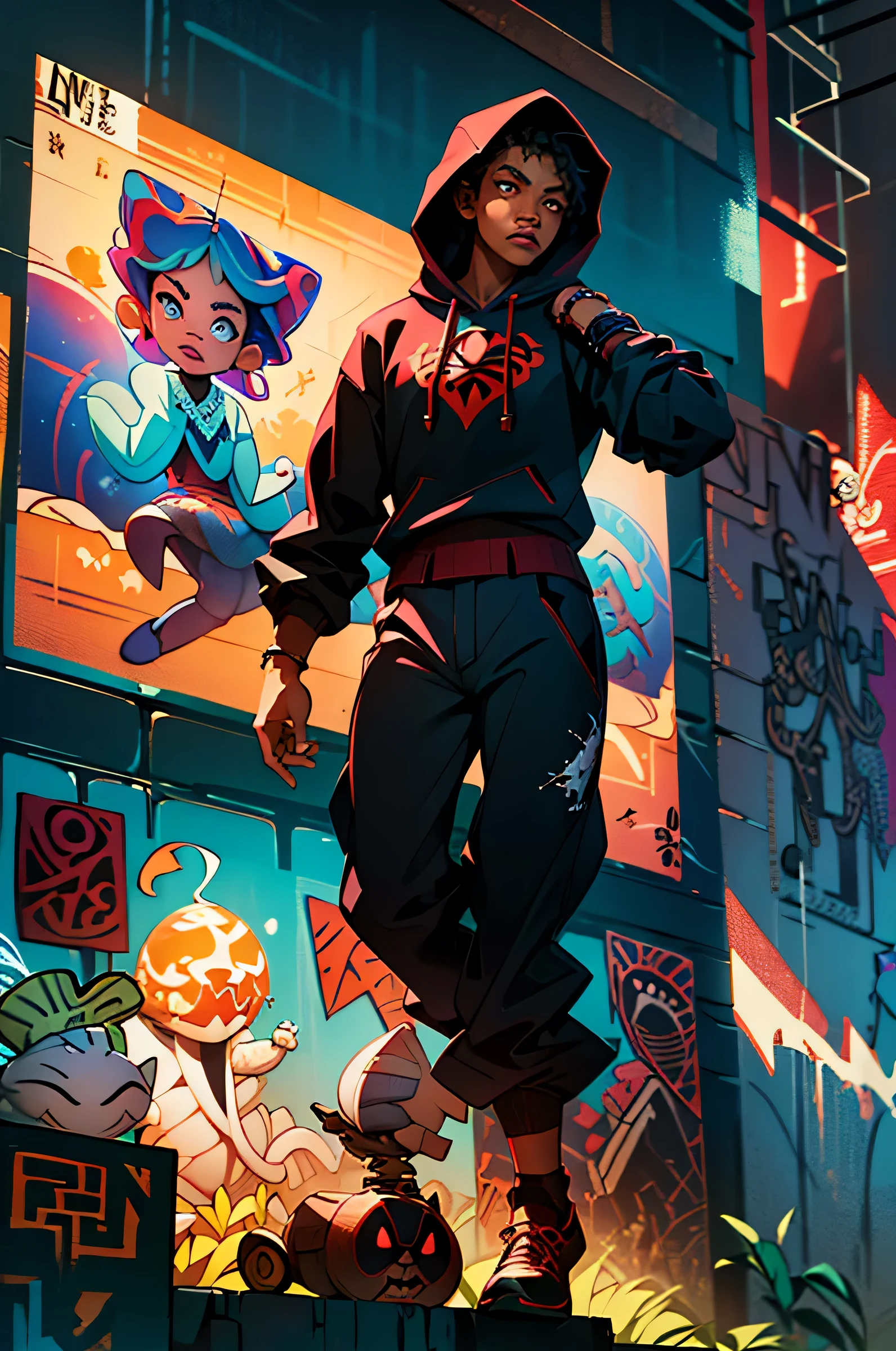 masterpiece, absurdres , (intricate details), (colorful),cinematic lighting,jumping shot,extremely detailed CG unity 8k wallpaper ,miles morales, spider hoody, jordan kicks, looking at viewer, streest of brooklyn, graffiti, late afternoon