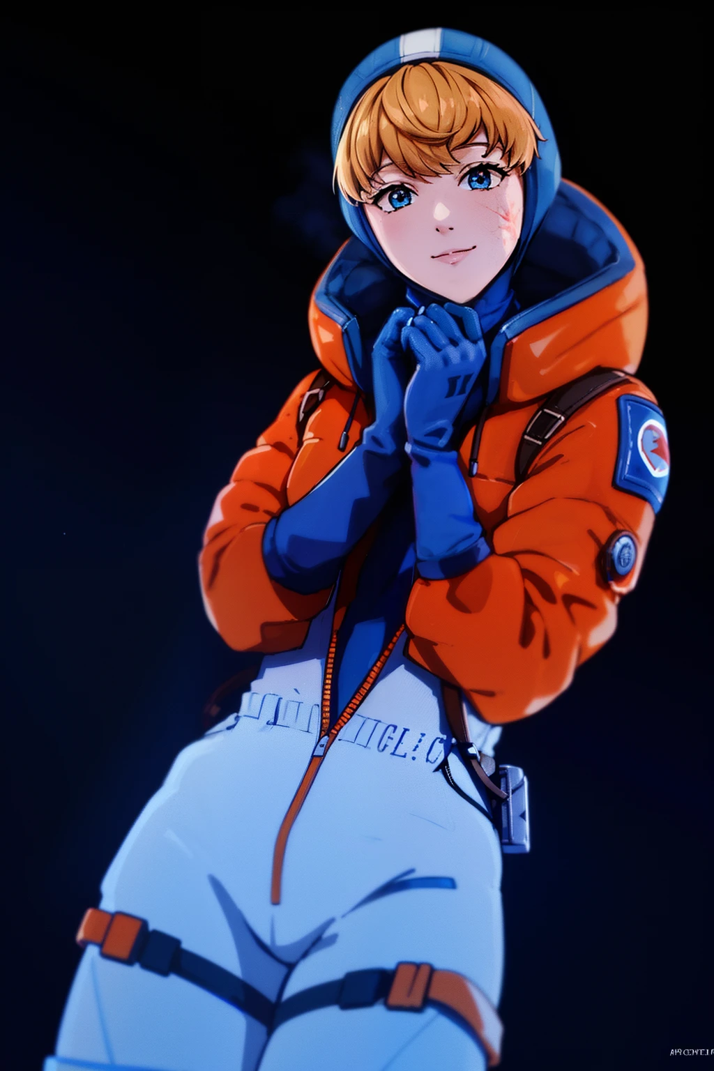 wattson (apex legends), masterpiece, best quality, 1girl, solo, hooded bodysuit, bodysuit, white bodysuit, hood, scar, jacket, scar on face, scar on cheek, orange jacket, bangs, gloves, blonde hair, blue eyes, knee pads, hooded jacket, blue gloves, ribbed bodysuit, blue bodysuit, thigh strap, burn scar, looking at viewer, cable, open hands, standing , blue headwear, smile, cowboy shot,