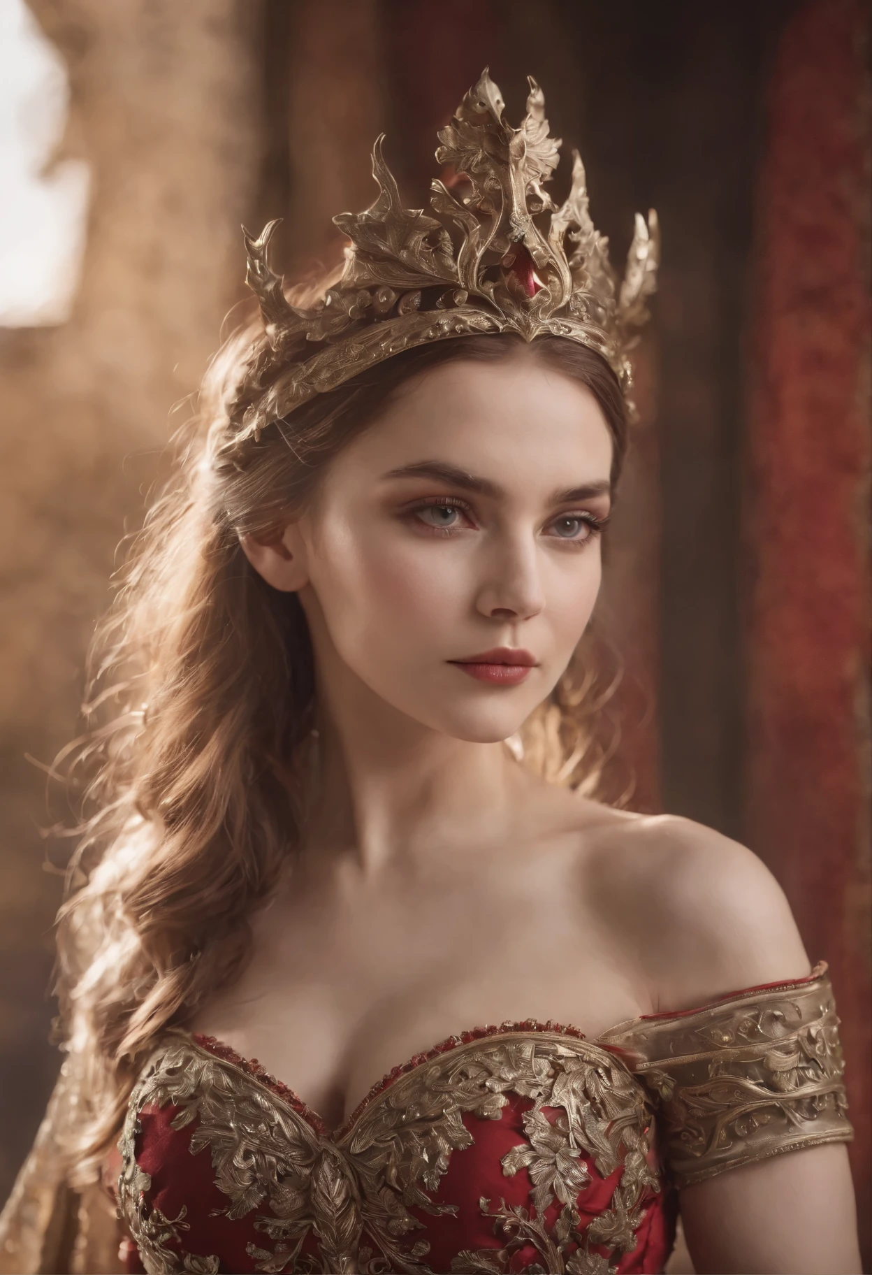 top-quality、Beautiful Russian women、｛｛｛The whole body is shown｝｝｝、Female Devil King、Female devil、Red eyes、Demon armor、The Devil's Bikini Armor、fanciful、Long horns on the head、dark castle、Grand background