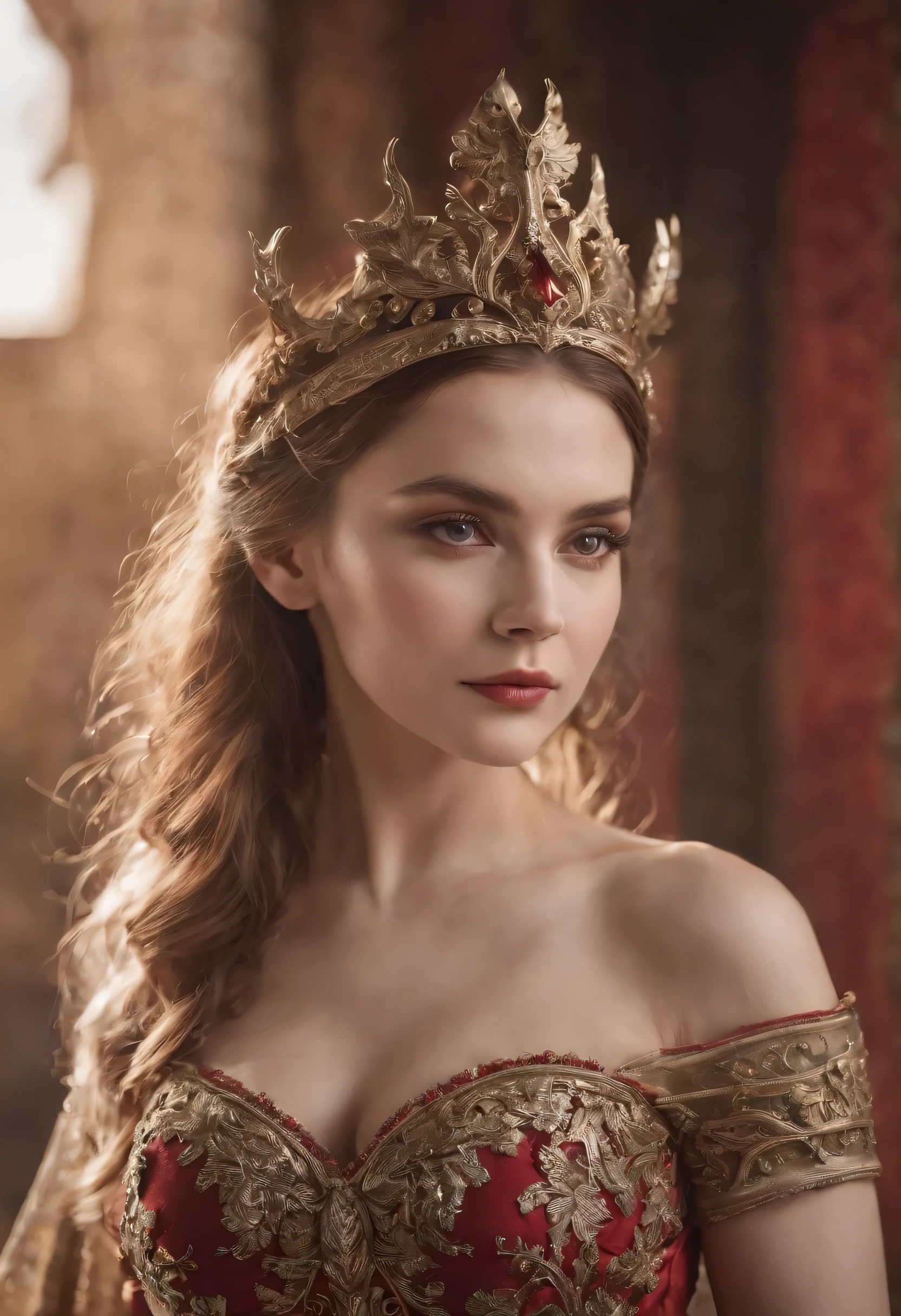 top-quality、Beautiful Russian women、｛｛｛The whole body is shown｝｝｝、Female Devil King、Female devil、Red eyes、Demon armor、The Devil's Bikini Armor、fanciful、Long horns on the head、dark castle、Grand background