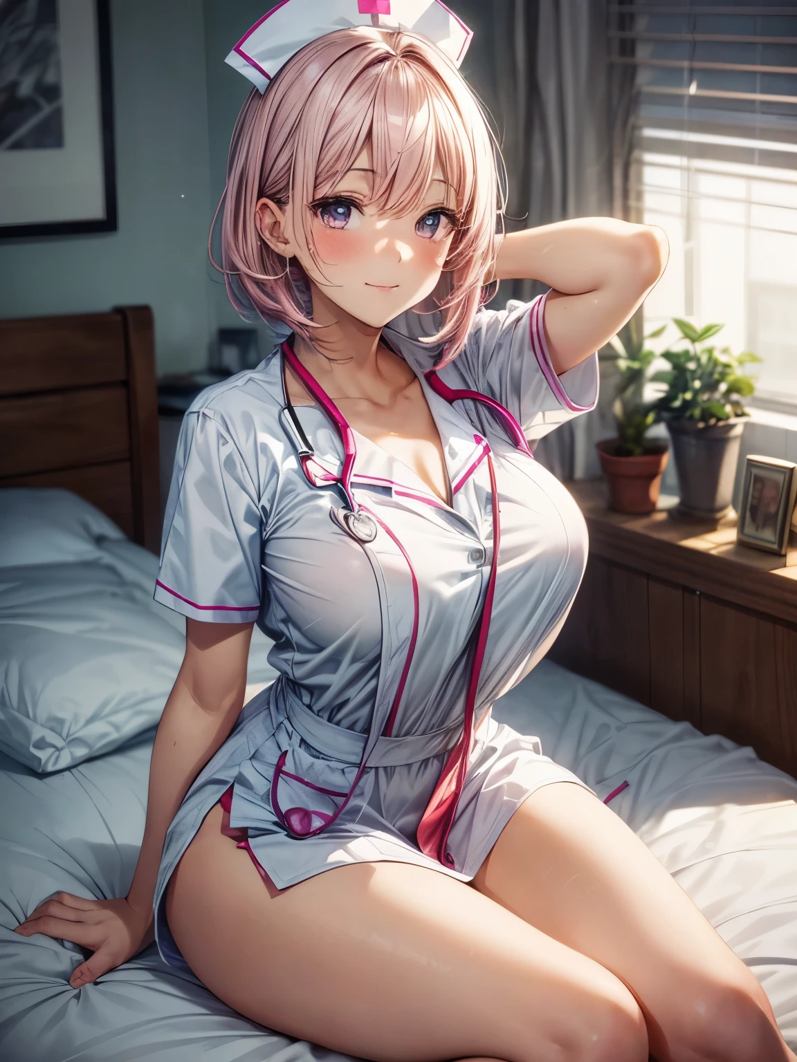 masterpiece, highest quality, High resolution, 1 girl, pink hair, very short hair, , pink eyes, big breasts, nurse, ((ピンク色のnurseコスチューム)), mini skirt, troubled face, Bedroom at home, Sit on the bed with your crotch open, big smile, blush
