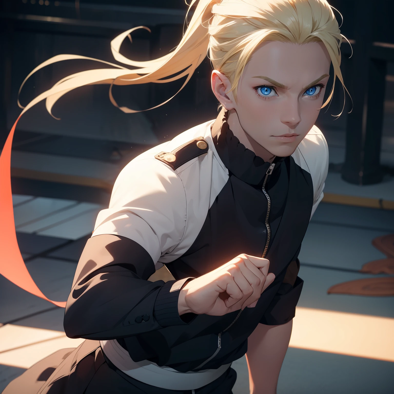 Young guy, Tied back Ponytail Blonde hair, blue eyes, prince, martial arts, Masterpiece, hiquality, at Battlefield,