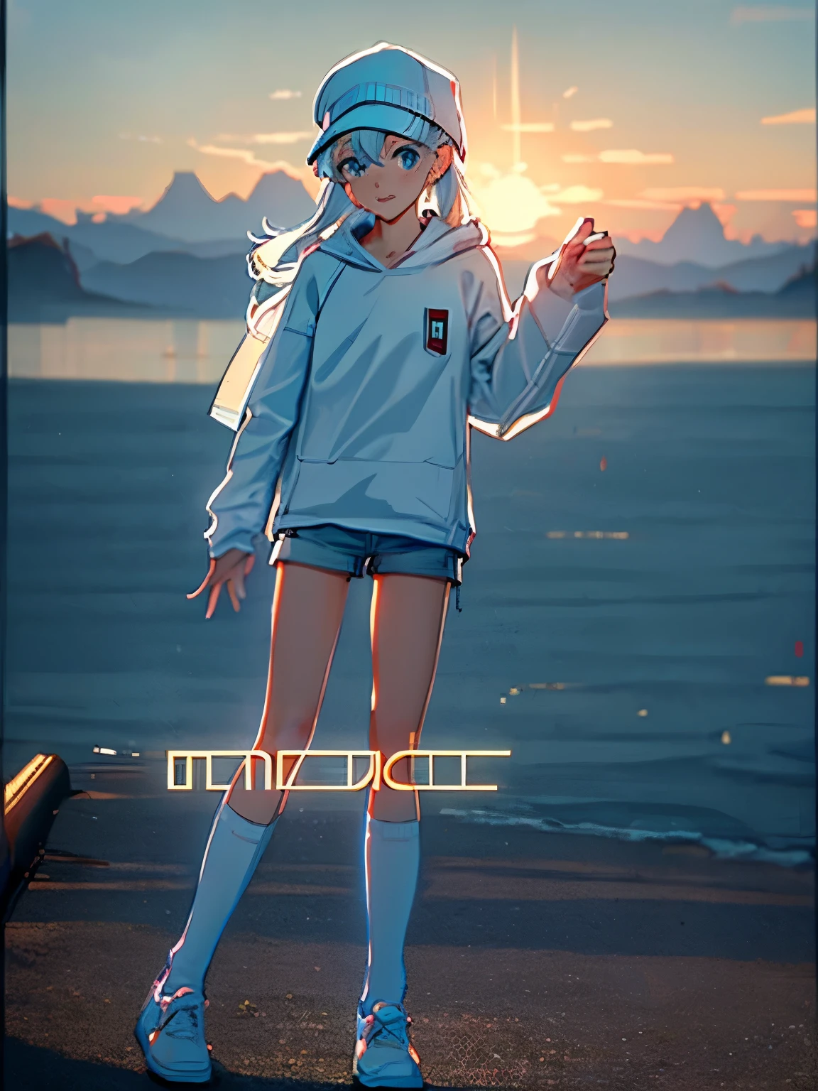 Blue-white hair,white socks,White hat