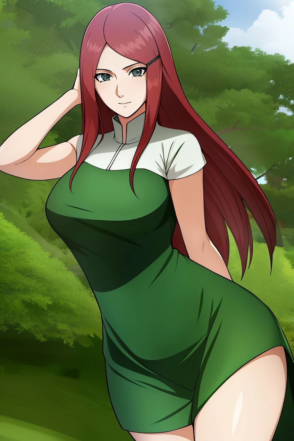 uzumaki_kushina, large_breasts, standing, solo, kushina_green_dress, masterpiece, best quality, detailed face, detailed eyes, highres,panties, underwear