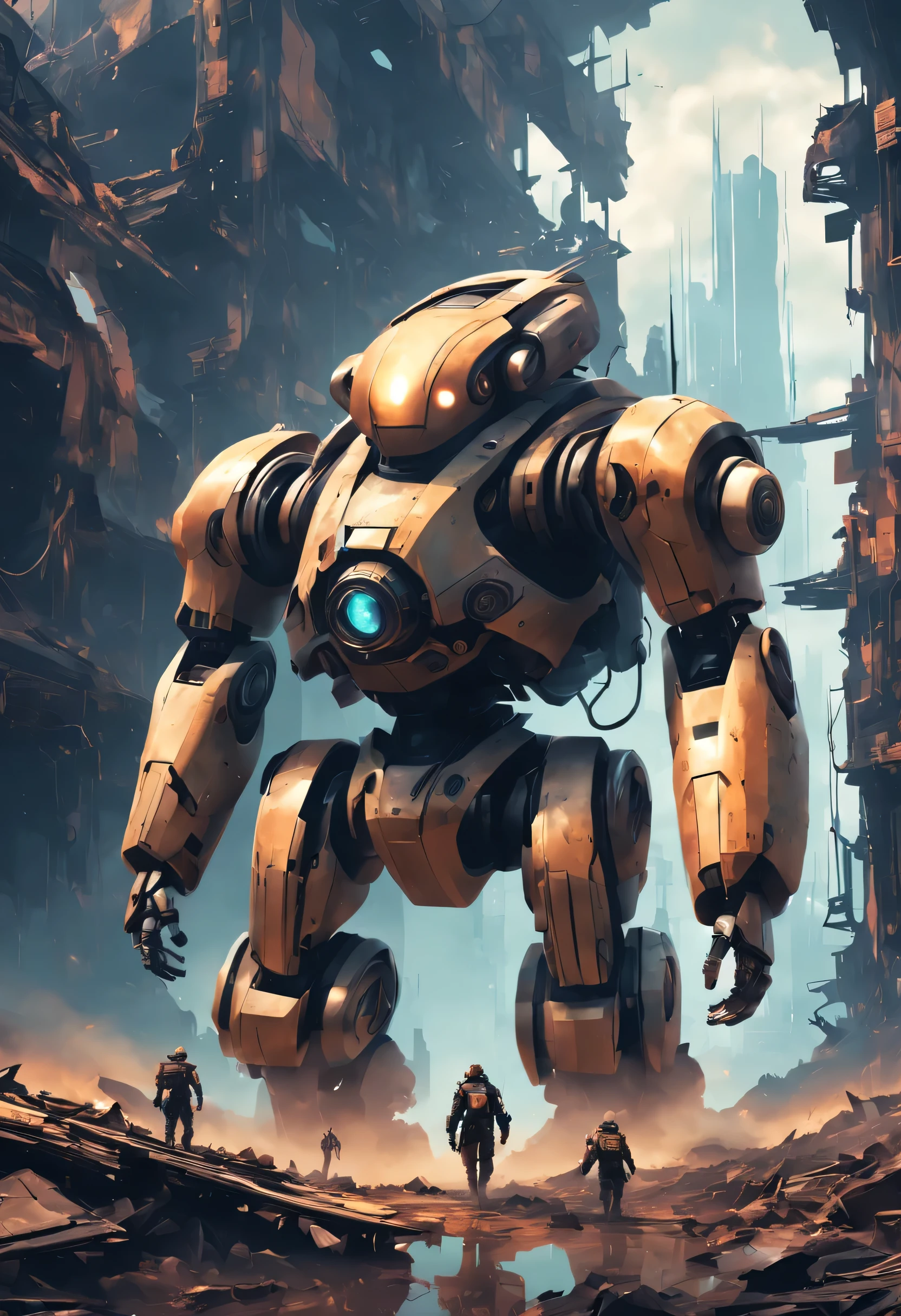 wildernessの風景画,Robot soldiers walking in a ruined future world:Fusion of futuristic science and steampunk,world without humans,arm,dirty,weapons,wilderness,remains of a destroyed building,lost peace,forsaken,Robots will continue the war until they run out of energy.,Animal-type robot,masterpiece,digital art,be familiar with,dynamic composition,seen from the side,retro future