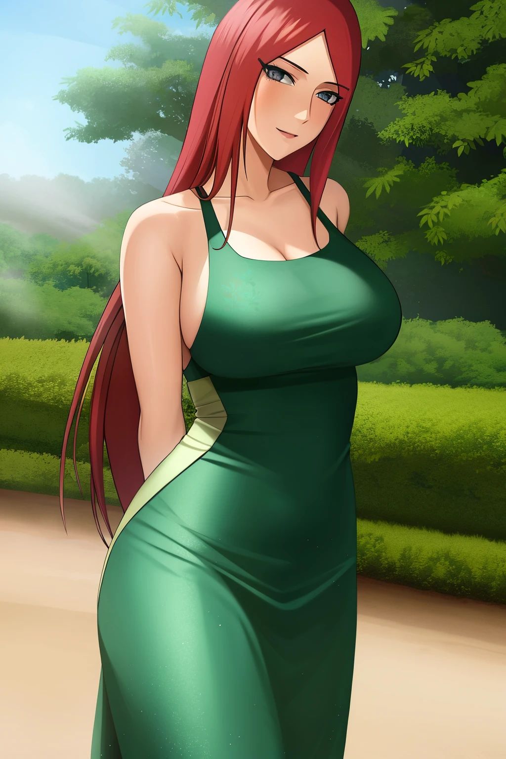 uzumaki_kushina, large_breasts, standing, solo, kushina_green_dress, masterpiece, best quality, detailed face, detailed eyes, highres, underwear, sexy