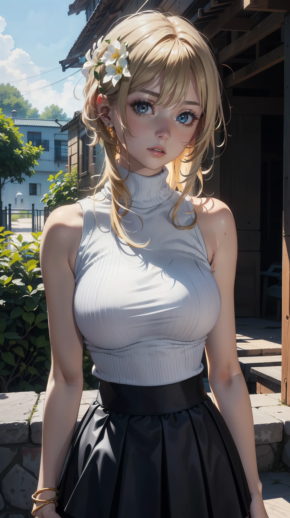  (masterpiece, top quality, best quality, official art, beautiful and aesthetic:1.2), (beautiful face), 
extremely detailed,colorful,highest detailed, (outdoors), bright eyes, huge breast, (white sleeveless turtleneck:1.5), ((luminernd)), ((black skirt)), standing