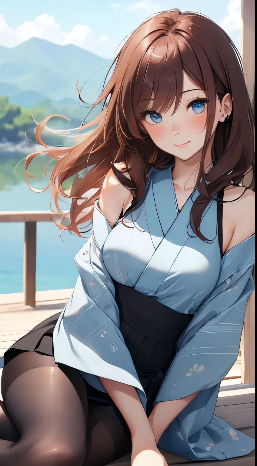 ((masterpiece, best quality, high resolution, ultra high definition, Pixel perfect, depth of field, 4K, RTX, human development report))), 1girl in, single, alone, Beauty、see whole body、 ((long hair, Short Liuhai, reddish brown hair)), ((blue eyes, beautiful eyelashes, realistic eyes)), ((Detailed face, blush:1.2)), ((smooth texture:0.75, lifelike质感:0.65, lifelike:1.1, Anime CG style)), medium breasts, Perfect body, (( Japanese Yukata,Fold skirt,Black tights)), Smile, Sitting in a hot spring in a charming position, (wind blows hair，bare shoulders、exposing her chest、Black tights) , It snows at night