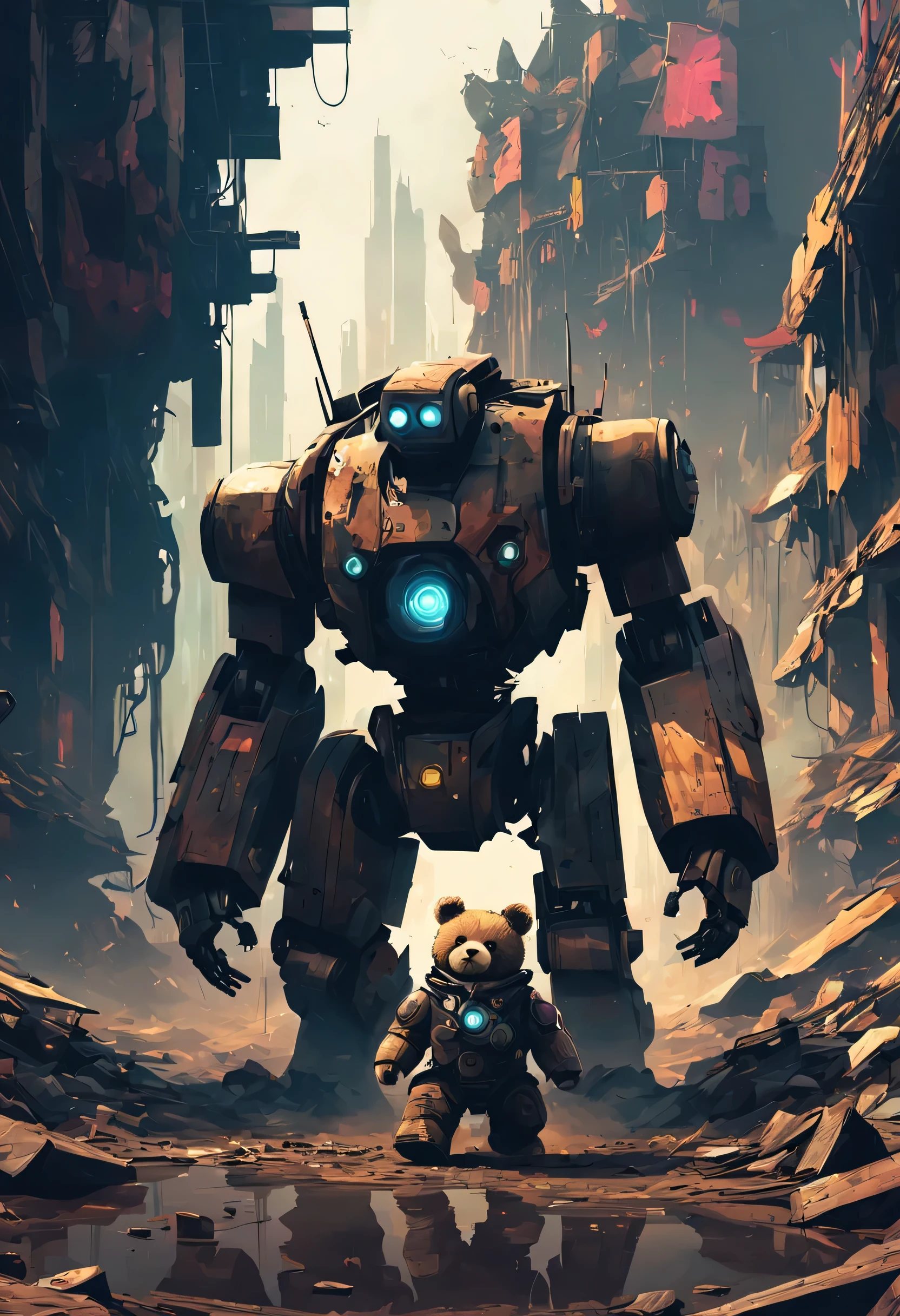 wildernessの風景画,Robot soldiers walking in a ruined future world:Fusion of futuristic science and steampunk,world without humans,arm,dirty,weapons,wilderness,remains of a destroyed building,lost peace,forsaken,Robots will continue the war until they run out of energy.,A stuffed teddy bear covered in mud and falling apart.:lost peaceの象徴,masterpiece,digital art,be familiar with,dynamic composition,seen from the side,retro future