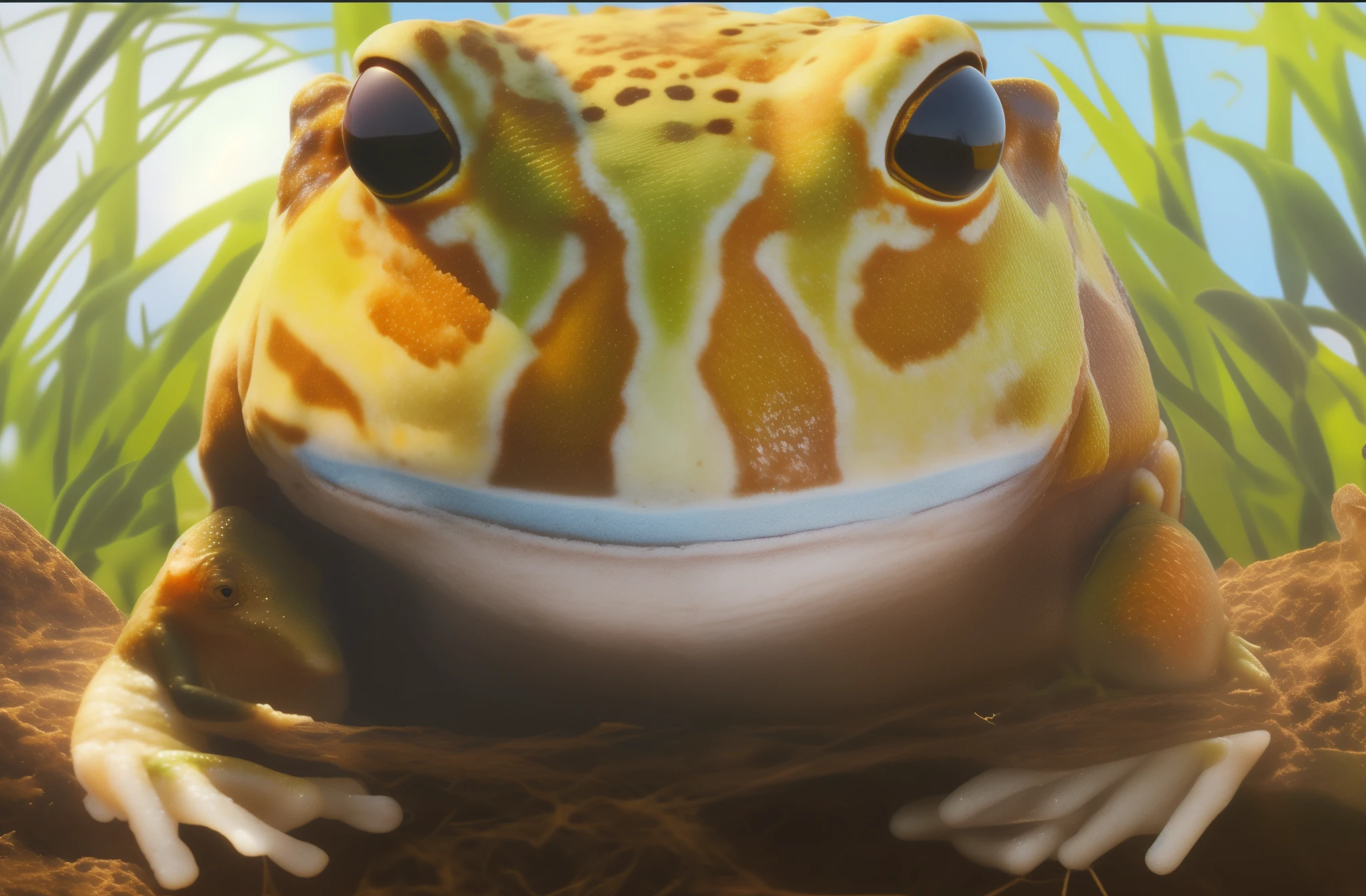 there is a frogs that is sitting on a rock in the grass, frogs perspective, very detailed toads, psychedelic frogs, frogs head, clown frogs king, toads head, portrait of a frogs, Close-up 4K, toads, close-up, frogs, Extremely detailed, dynamic close-up, reptile face, Realistic hyper-detail, alien frogs