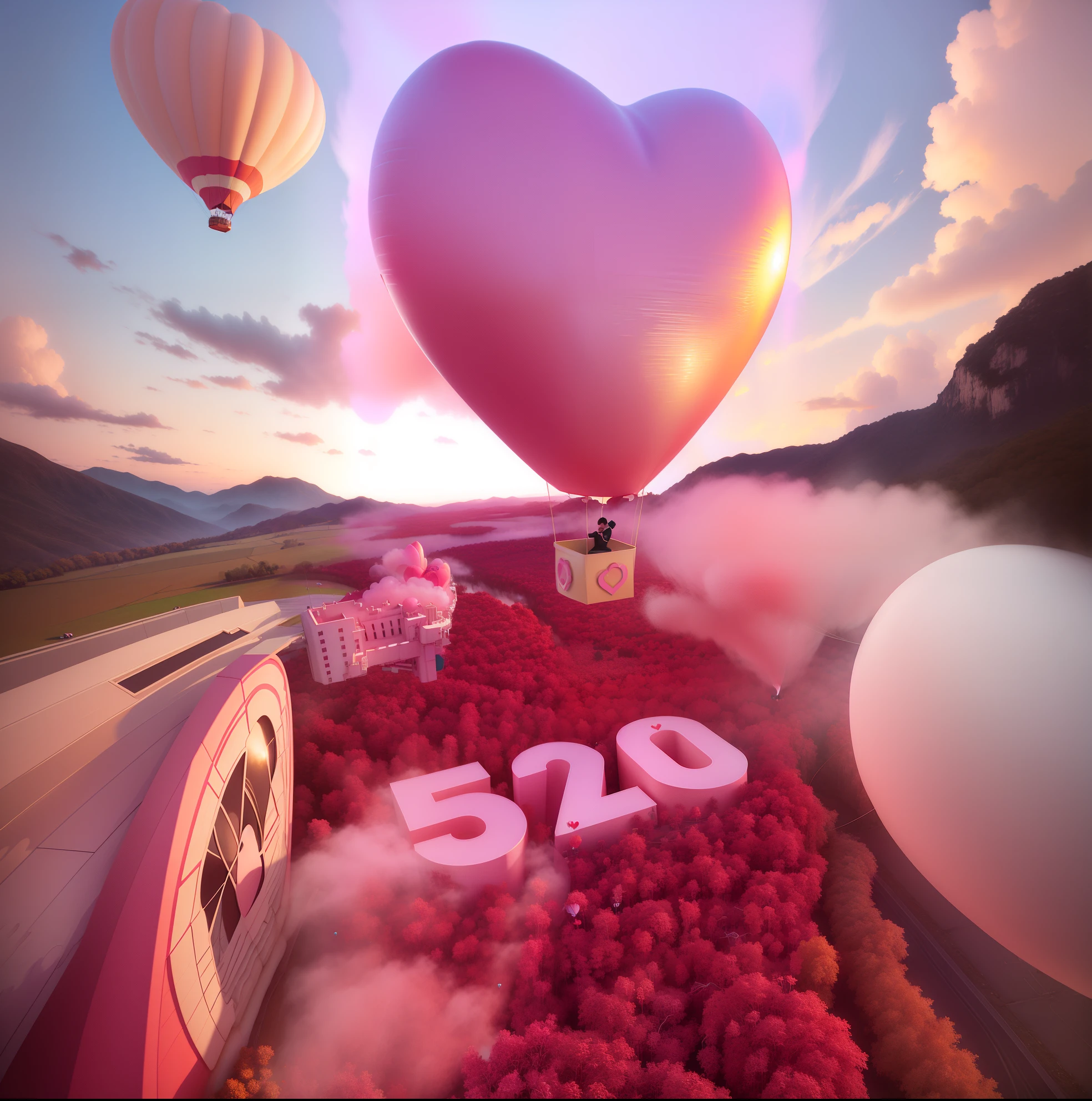 there is a heart shaped balloon flying over a field of flowers, trend on behance 3d art, trend on behance 3 d art, surreal 3 d render, inspired by Cyril Rolando, 3 d epic illustrations, in style of cyril rolando, surreal scene, as an air balloon, recusion beeple, by Cyril Rolando