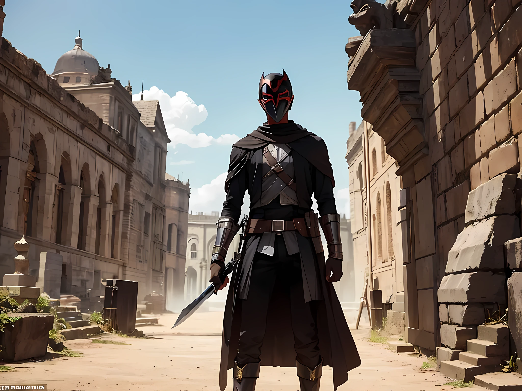 thin young man, dark skin wearing mask, V-shaped vendetta wears a mask, slavery, this man is a slave, dark, medieval times, holding a sword, gladiator arena, worn-out garment, dirty, there is dragon in background