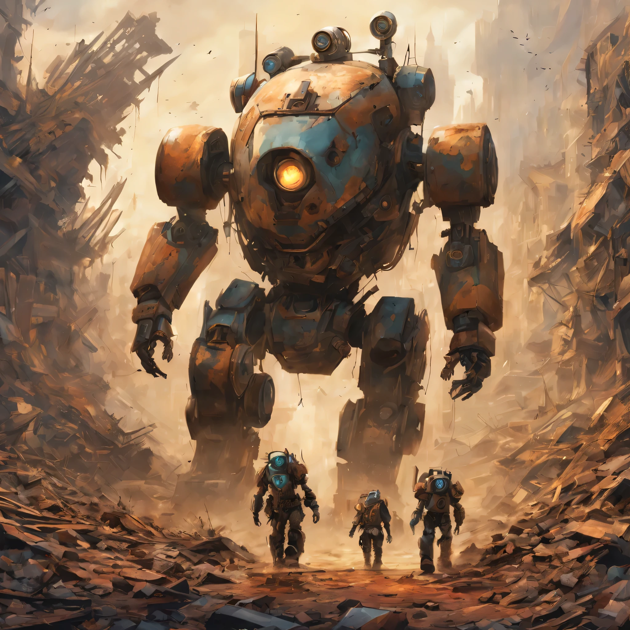 wildernessの風景画,Robot soldiers walking in a ruined future world:Fusion of futuristic science and steampunk,world without humans,arm,dirty,weapons,wilderness,Remains of a destroyed robot,lost peace,forsaken,Robots will continue the war until they run out of energy.,A stuffed teddy bear covered in mud and falling apart.:small,masterpiece,digital art,be familiar with,dynamic composition,decadent