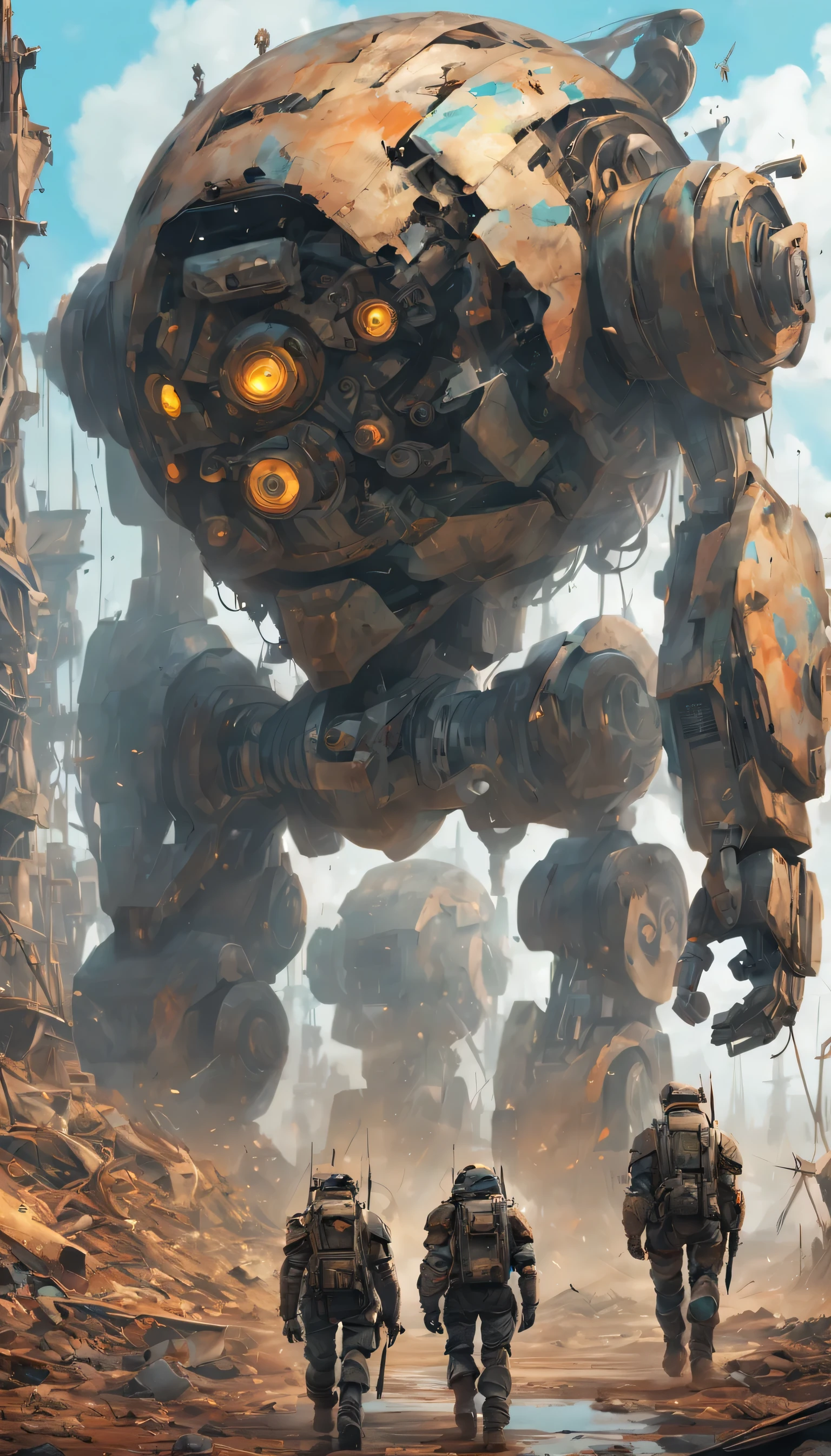 wildernessの風景画,Robot soldiers walking in a ruined future world:Fusion of futuristic science and steampunk,world without humans,arm,dirty,weapons,wilderness,remains of a destroyed building,lost peace,forsaken,Robots will continue the war until they run out of energy.,A stuffed teddy bear covered in mud and falling apart.,masterpiece,digital art,be familiar with,dynamic composition,seen from the side