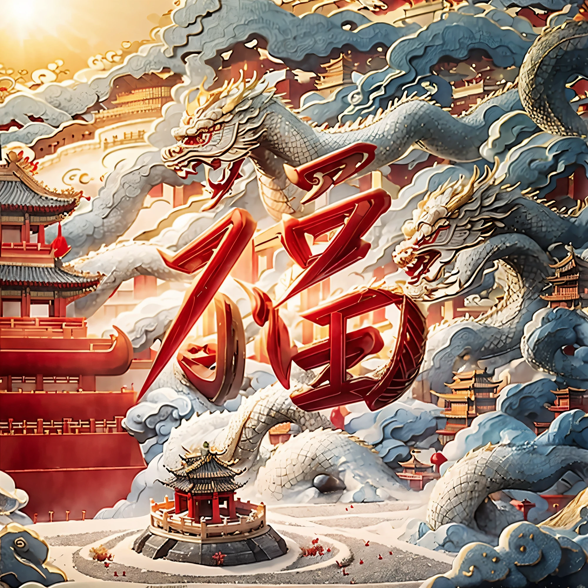 (red theme:1.1),((the palace museum)),the red lantern,major snow,new year,jade carving,Chinese Garden,(Chinese knot),(Chinese dragon),fantastic,magical light effect,Masterpiece,super delicate,three-dimensional,super rich,super detailed,32k,gold,gold line,jade