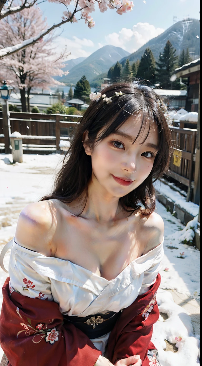 4K quality,Real people,Real light and shadow,Backlight,Contour light,Shallow depth of field,night time,Long-haired young Japanese beauty,medium breasts,Wearing a low-cut, off-the-shoulder Japanese kimono,Viewing flowers in the snow,Smiling and looking at the camera, Smooth skin,Detailed makeup,Background mountain cherry blossom trees，The petals are scattered in the air and on the ground in the wind,snowflakes flying,taking photos by Fujifilm high-grain 400 film,full-body shot, wild-angle view,masterpiece, best quality, high resolution