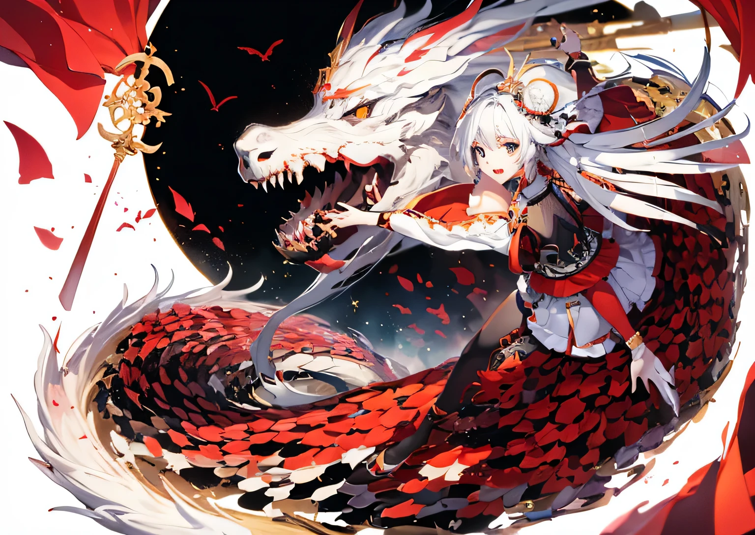 masterpiece，best quality，Super beautiful illustrations，a white dragon，White scales，white beard hair，beautiful girl，black hair，red skirt，white skirt，Chinese Year