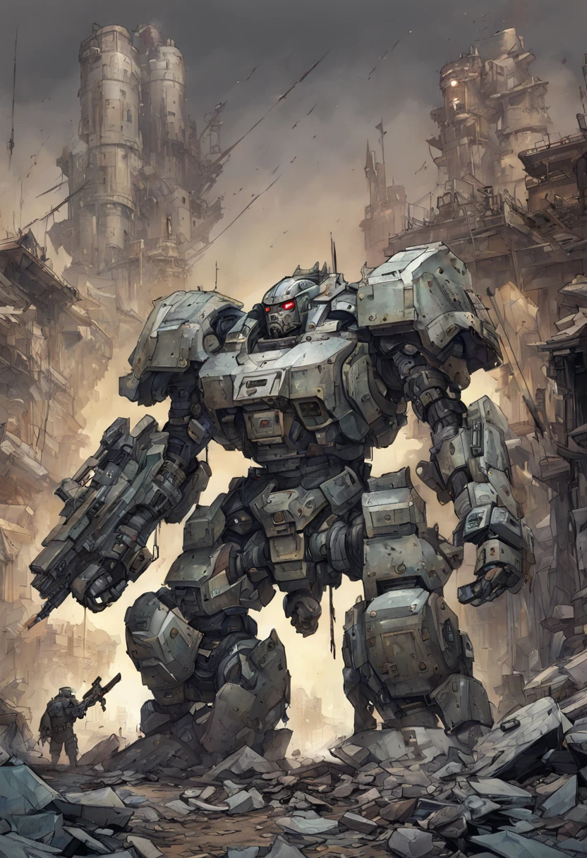 Mecha Warrior, massive hulking partly human cyborg beast heavily armed and armored charging through postapocalyptic wasteland Hyper-detailed masterpiece by Joe Fenton Tracy J. Butler Brian Kesinger WLOP Wadim Kashin Ismail Inceoglu Jordan Grimmer splash art watercolor dark and gritty