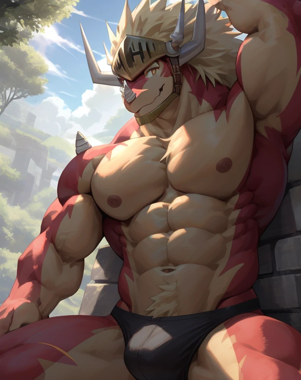 Drum_bunker_dragon,Future_Card_Buddy_fight,dragon,male,aldult,alone,4K,The best product,lie down,double open,looking at the audience,Show muscles,Upper body exposed,bared chest,chest muscles, Pink nipples, Six-pack abs,biceps,dragon尾巴,anatomically correct,pride,soft shadow,Majestic detailed face,High quality eyes,Orange eyes,black pupils,Grandiose,Valiantary,panties,Smile confidently,Strong,mature,forest,riverside,,Blue sky and white clouds,The sun shines