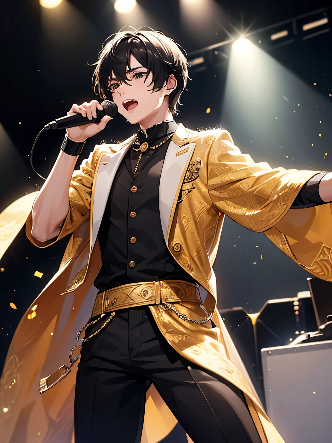 man, young man, man black hair, black eyes, male idol uniform, singing, holding mic, on stage, very detailed
