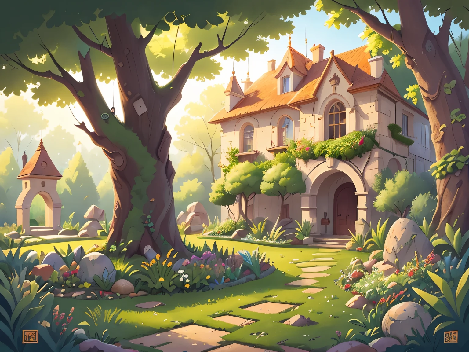 Medieval Europe, medieval clothing, ancient times,(A palace garden, garden, stones, trees:1.5), watercolor, medieval style,