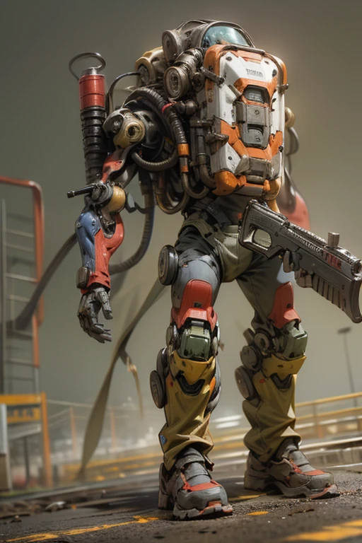１humanoid machine human１duo of humans、Retro、body is made of metal、Rusty、oil is leaking、shooting a gun at the viewer、Running on the road、In town、realistic、cowboy shot、dramatic、masterpiece、High definition、High and fine、Depth of bounds written、Natural light、side light、