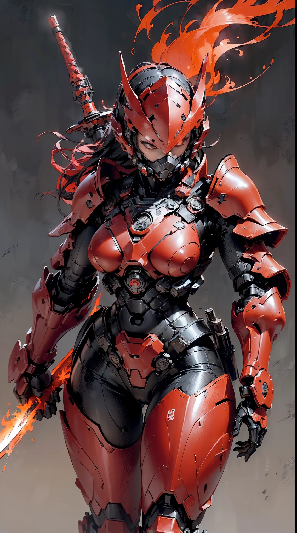 (masutepiece,Extremely detailed, Heavy mechs, hard surface),(concept art:1.1),(Armored Core Style:0.8), A woman wearing ninja robot armor is tying a jutsu seal.,(full armor:1.4),(tactical ninja mask),(Red body:1.1),(long legged:1.1),(Carrying a sword on his back:1.3),(A detailed eye:1.3),(A detailed face:1.3),(Detailed weapons:1.3),(Detailed body:1.3),((full bodyesbian:1.5)),(The background is a crimson flame:1.5),逼真