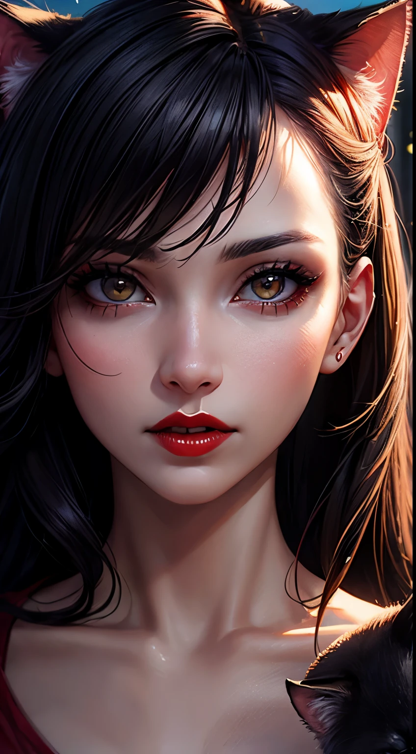 Amazing portrait of a woman who is 30 years old and an adult and a sexy woman wearing an off shoulder oversized t shirt during night time with soft lighting showcasing her red lips and her beautiful face in detail and close up