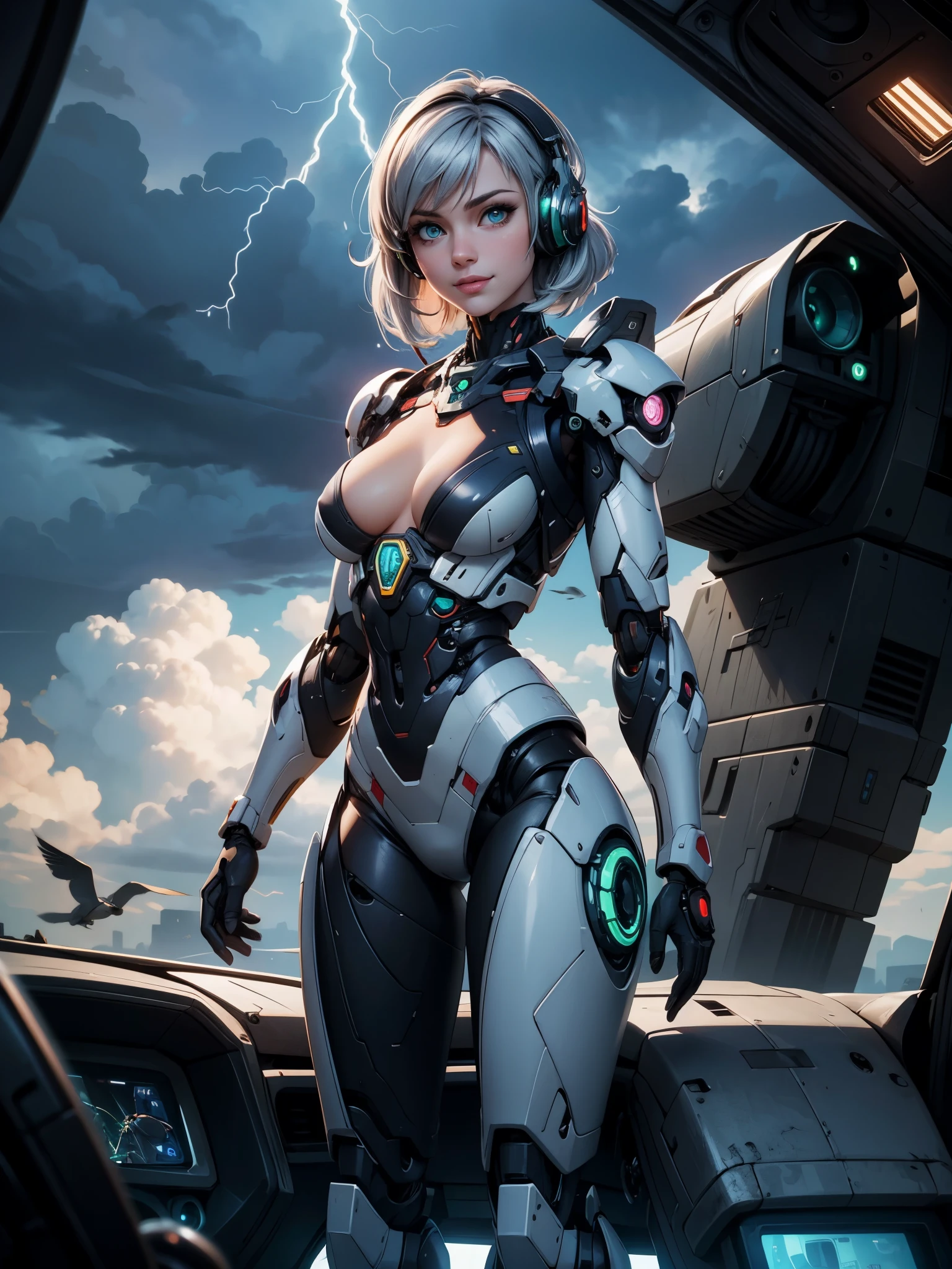 8K, Best Quality, Masterpiece, Ultra High Resolution, (Realism: 1.4), Girl Futuristic Battle Suit, Green Pupils, In the cockpit of a mecha, Cloudy background, Dark Clouds, Lightning, Mechanically Built Birds, Real Woman, Cleavage, Real Face, Cute Girl, Smile, Perfect Cyborg Girl, Wearing Sci-Fi Headphones, Beautiful Female , Beautiful Girl Cyborg, Silver Hair, full body