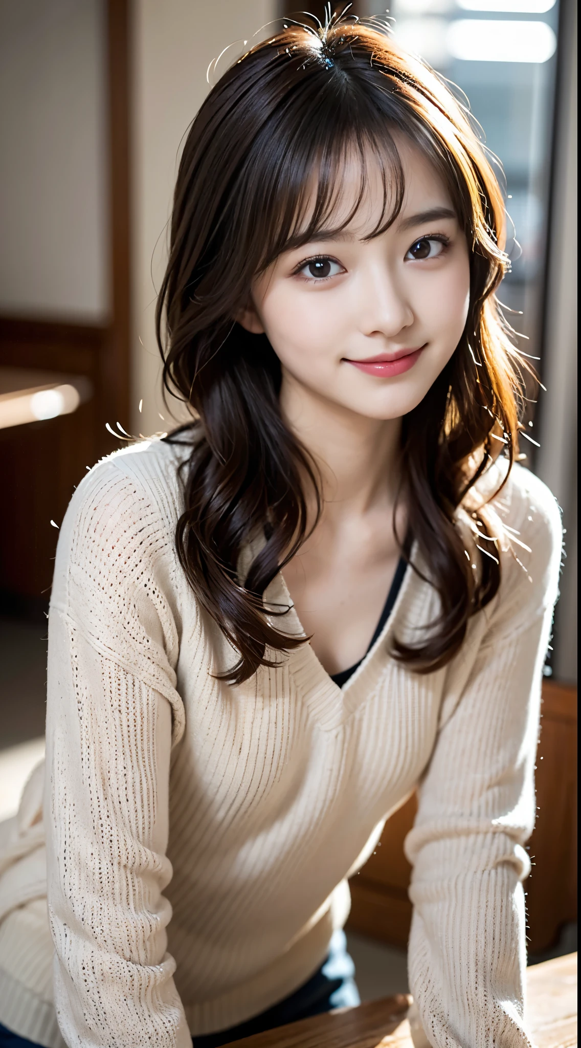 on the table, best quality, illustration, Super detailed, fine details, high resolution, 8k wallpaper, Perfect dynamic composition, Beautiful and delicate eyes, winter casual wear,medium hair,Natural color lips for small breasts, Bold sexy pose,Smile,Harajuku、20 year old girl、Lovely、Sexy shot looking at camera