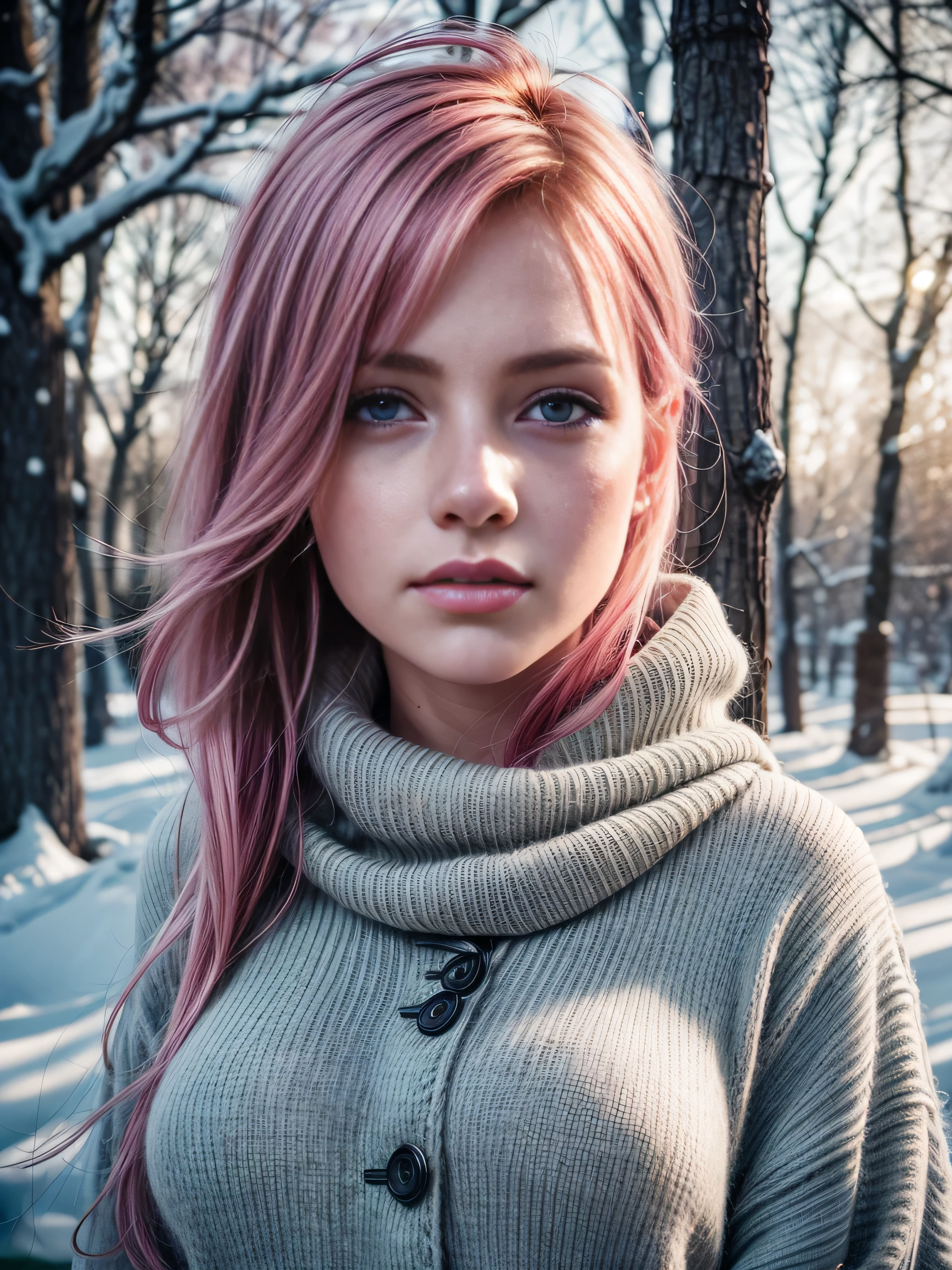 Photorealistic, high resolution, soft light, 1 woman, alone, busty, looking at viewer, (detailed face), pink hair, green eyes, some freckles on face, wearing winter clothes.