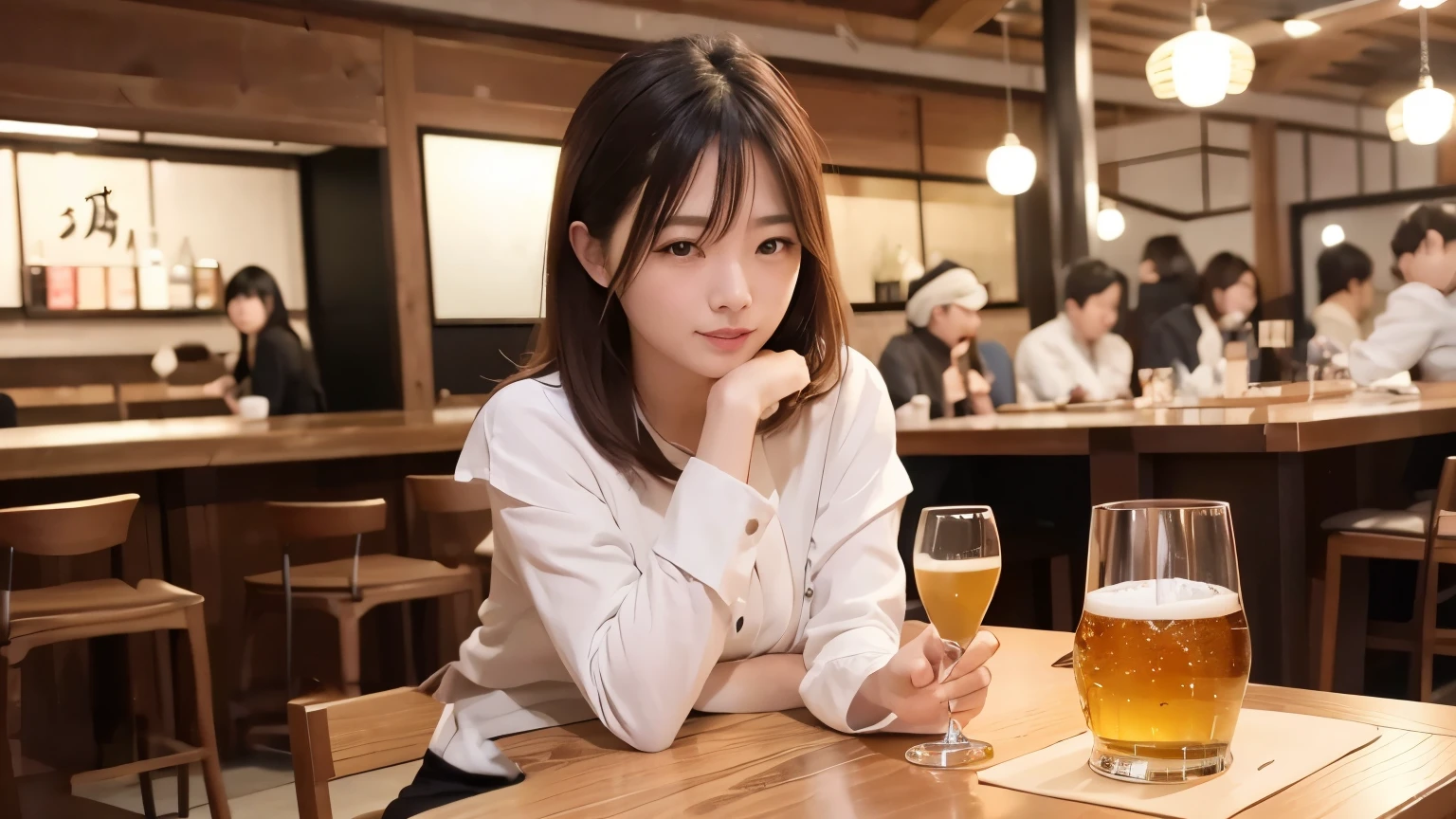 (Best Quality, 8K, 32k, Masterpiece, UHD: 1.2), Smiling, Pictures of Japan women in their 20s, white summer clothes, (long and dark brown hair), double eyelids, fashion model, beautiful, beer commercial, garden, night, glittering lighting, people sitting at many tables and chairs in the background, portrait, blurred background.