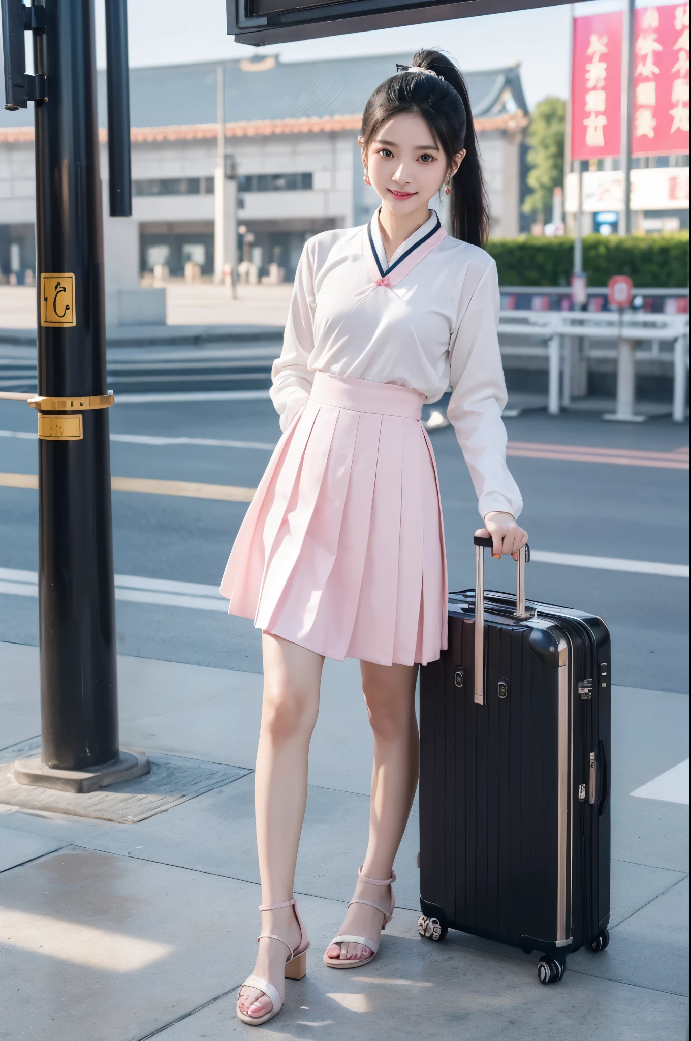 ((best quality)), ((masterpiece)), (detailed), (((perfect face))),8k, original photo, lifelike, Extremely detailed CG, depth of field, lens flare, Ray tracing, ((Skin is super delicate)) 1 beautiful Chinese girl,, 1 meter 6 height,Idol, (very slim),(bright smile), (Train station in background), daytime, (blurred background), plenty of sunlight,beautiful earrings, Dragging a small suitcase, clear eyes, (pale skin), (big eyes), face forward, ((full-body shot)), ((White Chinese school uniform)),(black hair),((quite long ponytail)), medium breasts, (Sandals), standing,(((Pink nail polish))),(The blood vessels on the instep can also be seen clearly)