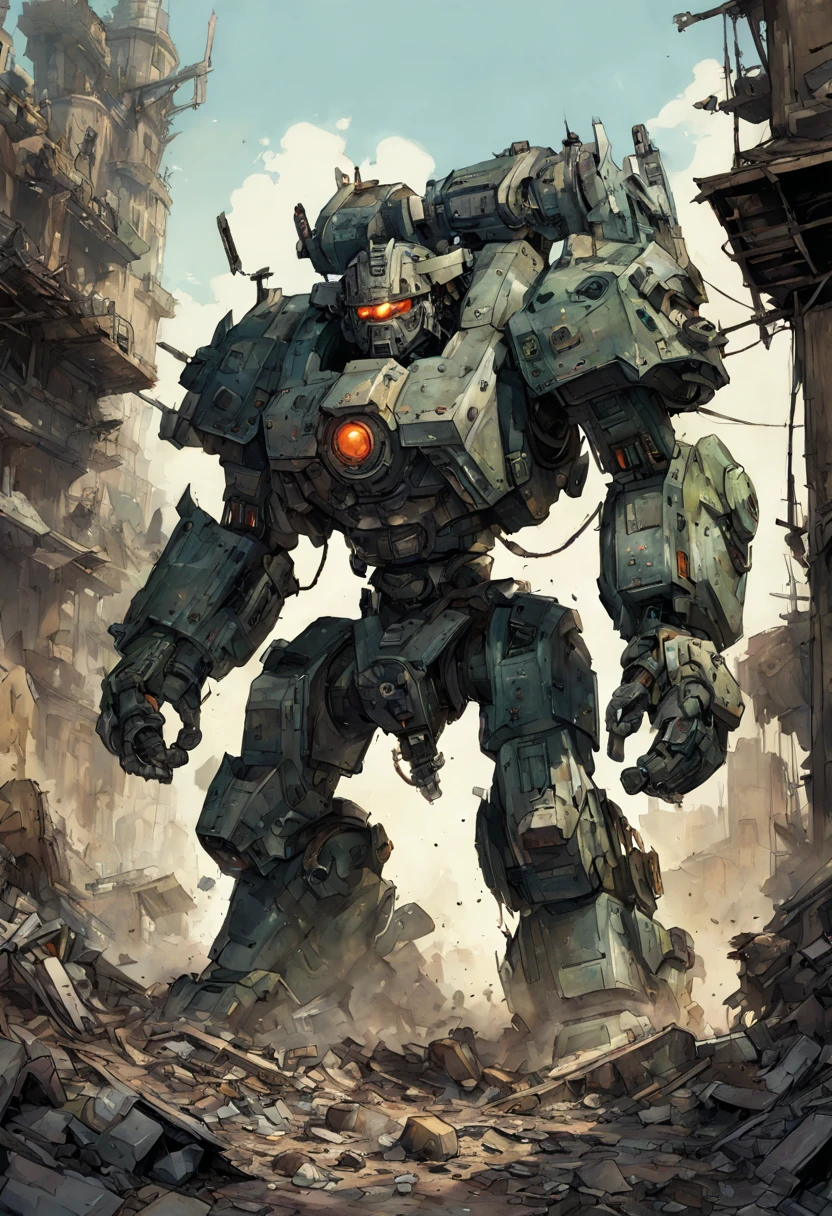 Mecha Warrior, massive hulking partly human cyborg beast heavily armed and armored charging through postapocalyptic wasteland Hyper-detailed masterpiece by Joe Fenton Tracy J. Butler Brian Kesinger WLOP Wadim Kashin Ismail Inceoglu Jordan Grimmer splash art watercolor dark and gritty