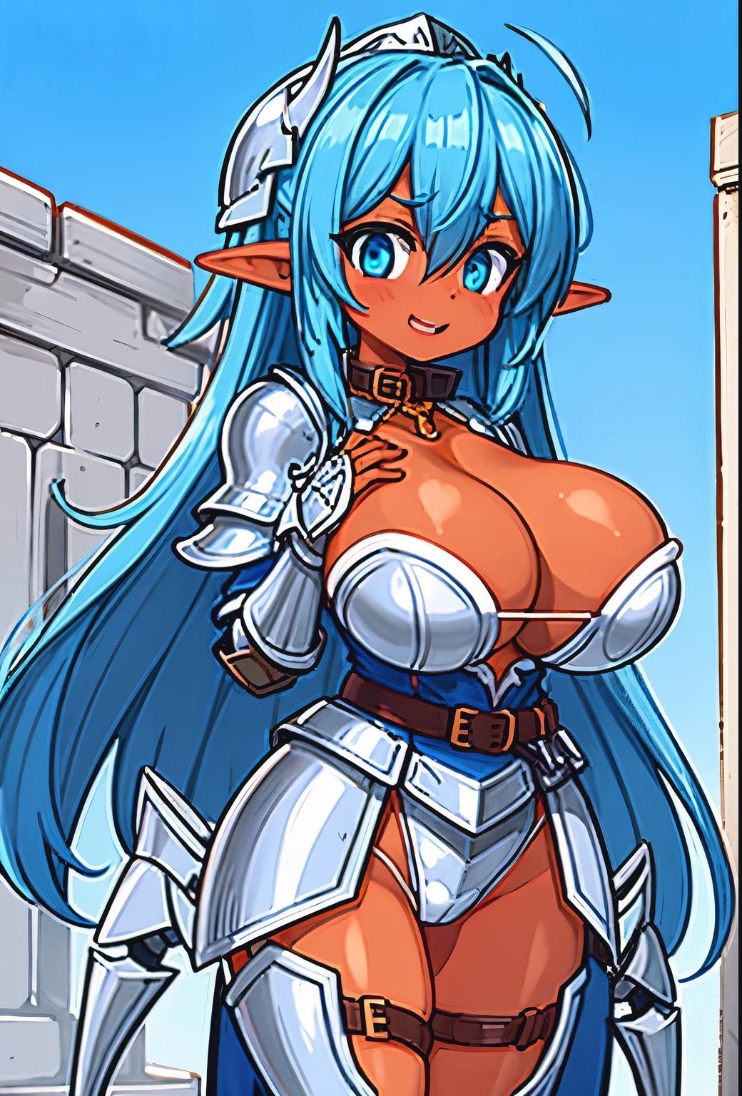 (tanned elf girl:1.2), (blue armor knight), (collar) (belts), (huge tits)