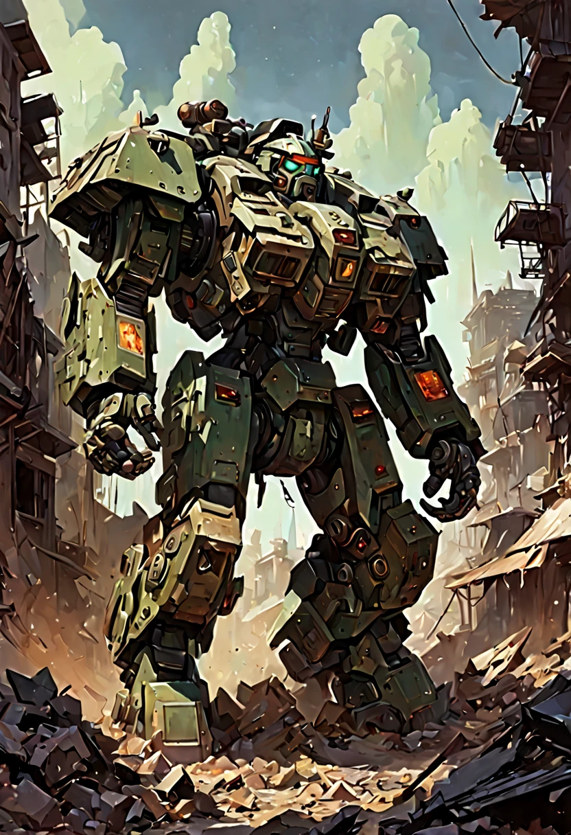 Mecha Warrior, massive hulking partly human cyborg beast heavily armed and armored charging through postapocalyptic wasteland Hyper-detailed masterpiece by Joe Fenton Tracy J. Butler Brian Kesinger WLOP Wadim Kashin Ismail Inceoglu Jordan Grimmer splash art watercolor dark and gritty